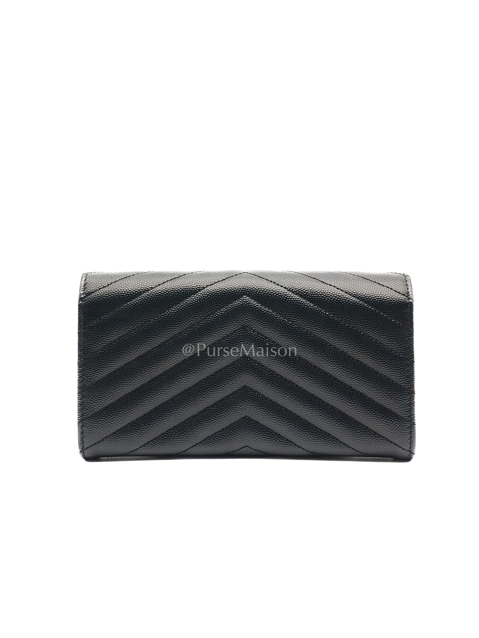 Yves Saint Laurent Long Flap Wallet in Black Cassandre Matelassé Grain De Poudre Leather and Gold Hardware