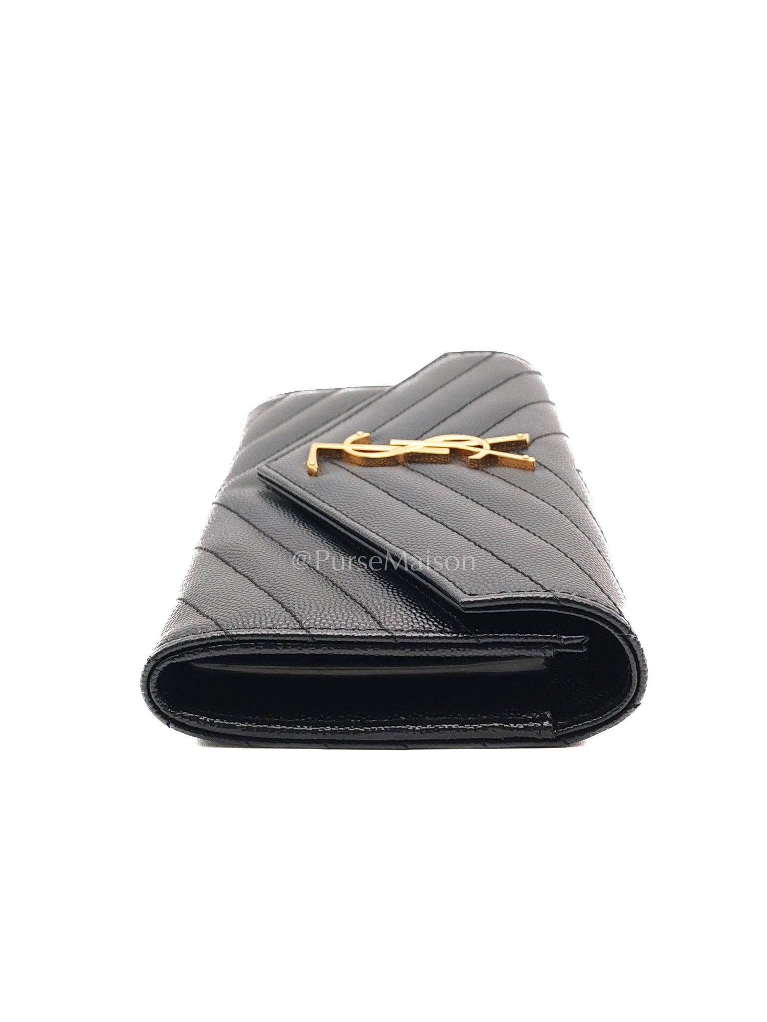 Yves Saint Laurent Long Flap Wallet in Black Cassandre Matelassé Grain De Poudre Leather and Gold Hardware