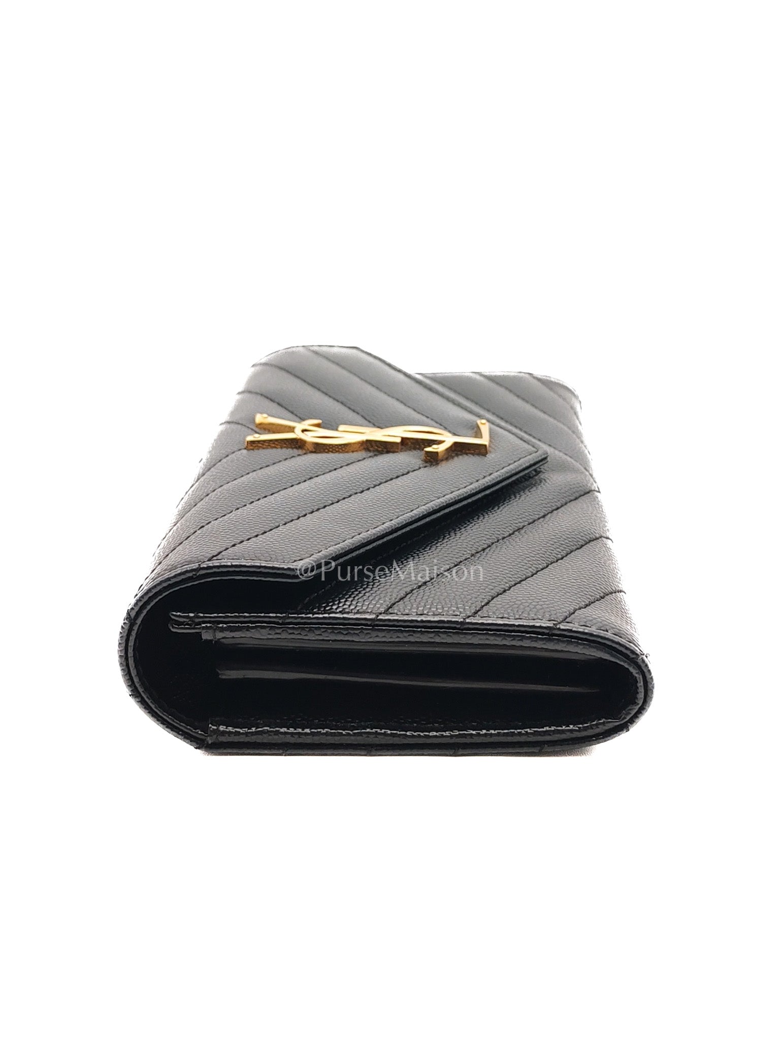 Yves Saint Laurent Long Flap Wallet in Black Cassandre Matelassé Grain De Poudre Leather and Gold Hardware