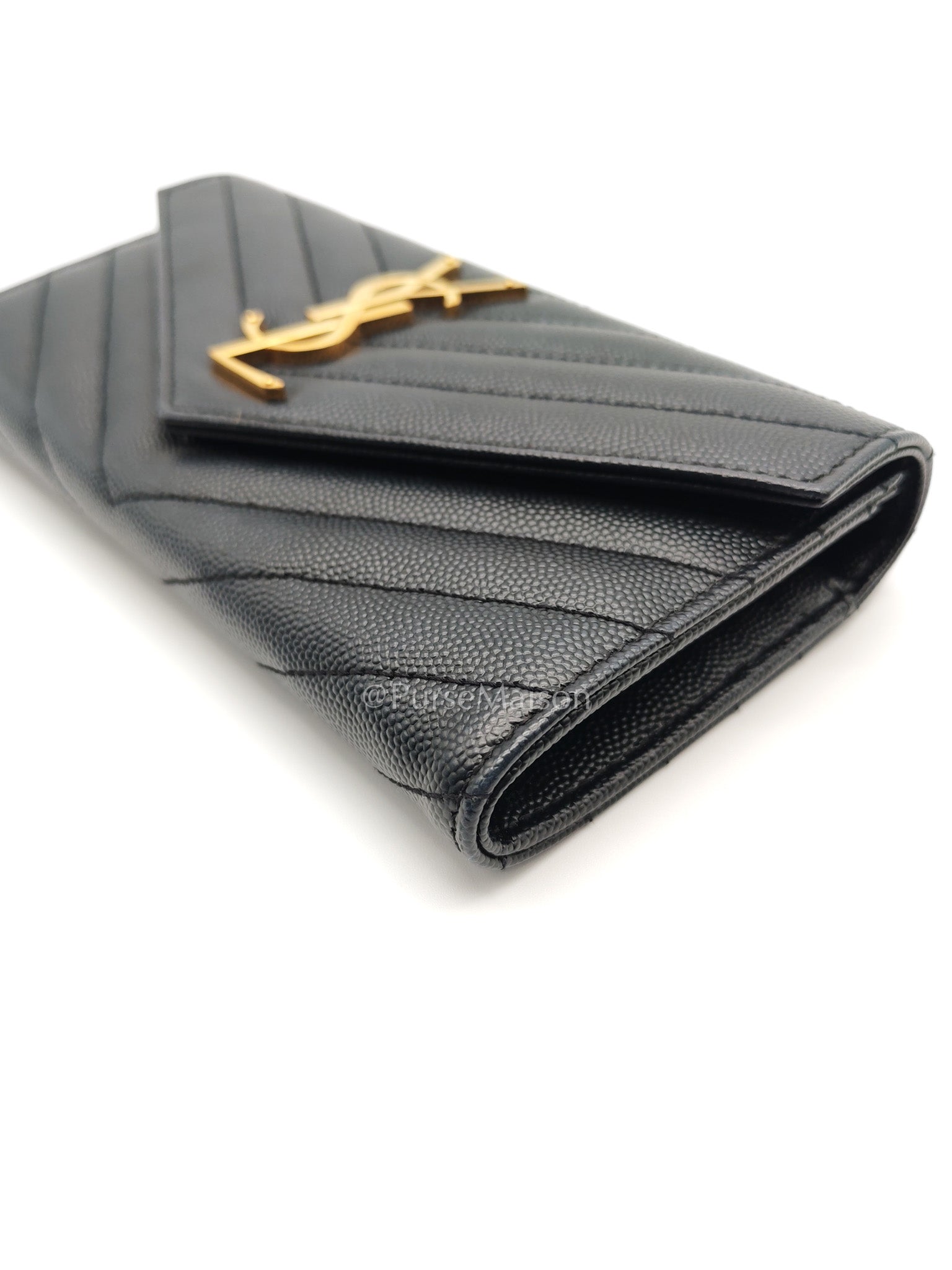 Yves Saint Laurent Long Flap Wallet in Black Cassandre Matelassé Grain De Poudre Leather and Gold Hardware