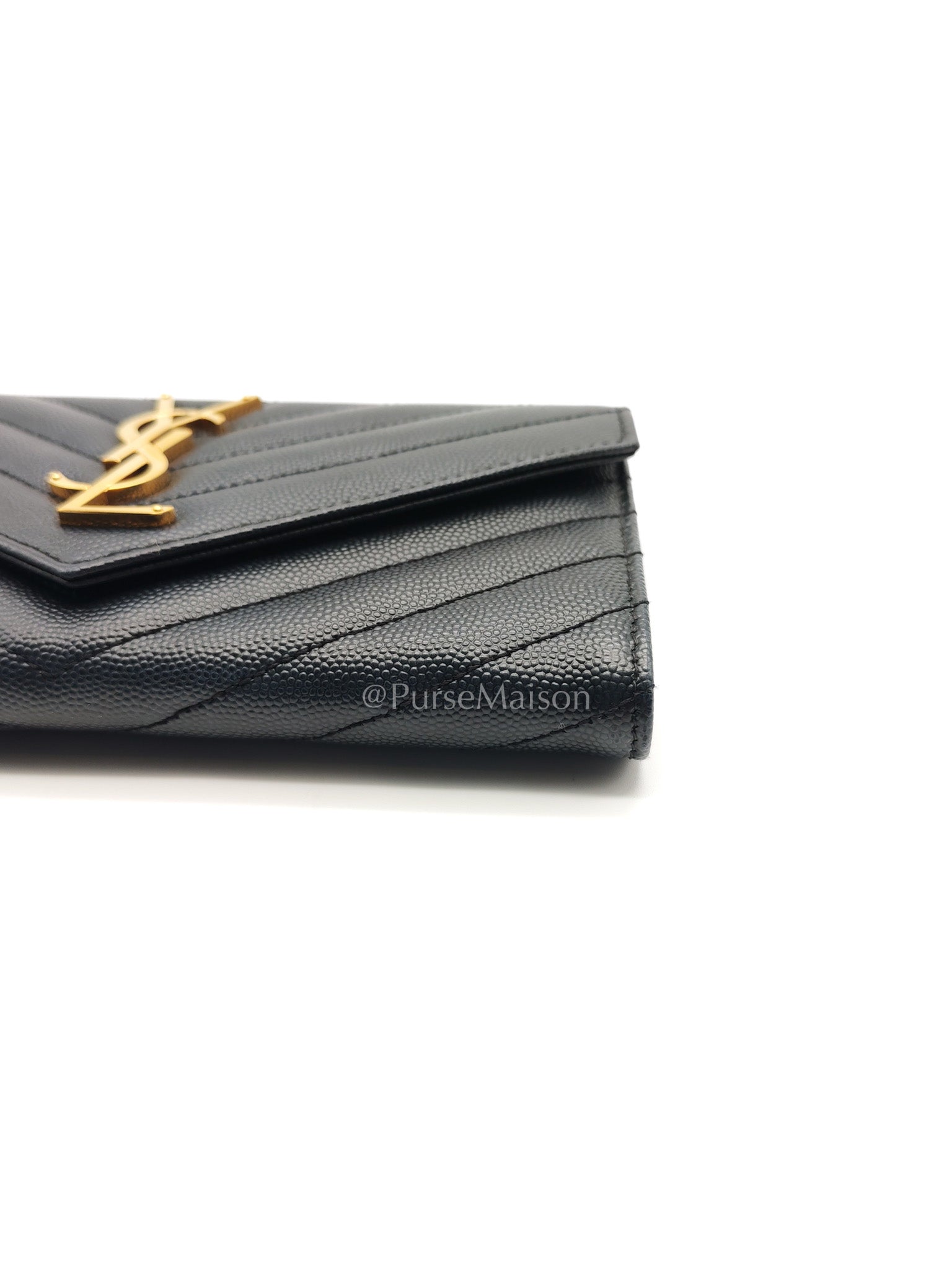 Yves Saint Laurent Long Flap Wallet in Black Cassandre Matelassé Grain De Poudre Leather and Gold Hardware