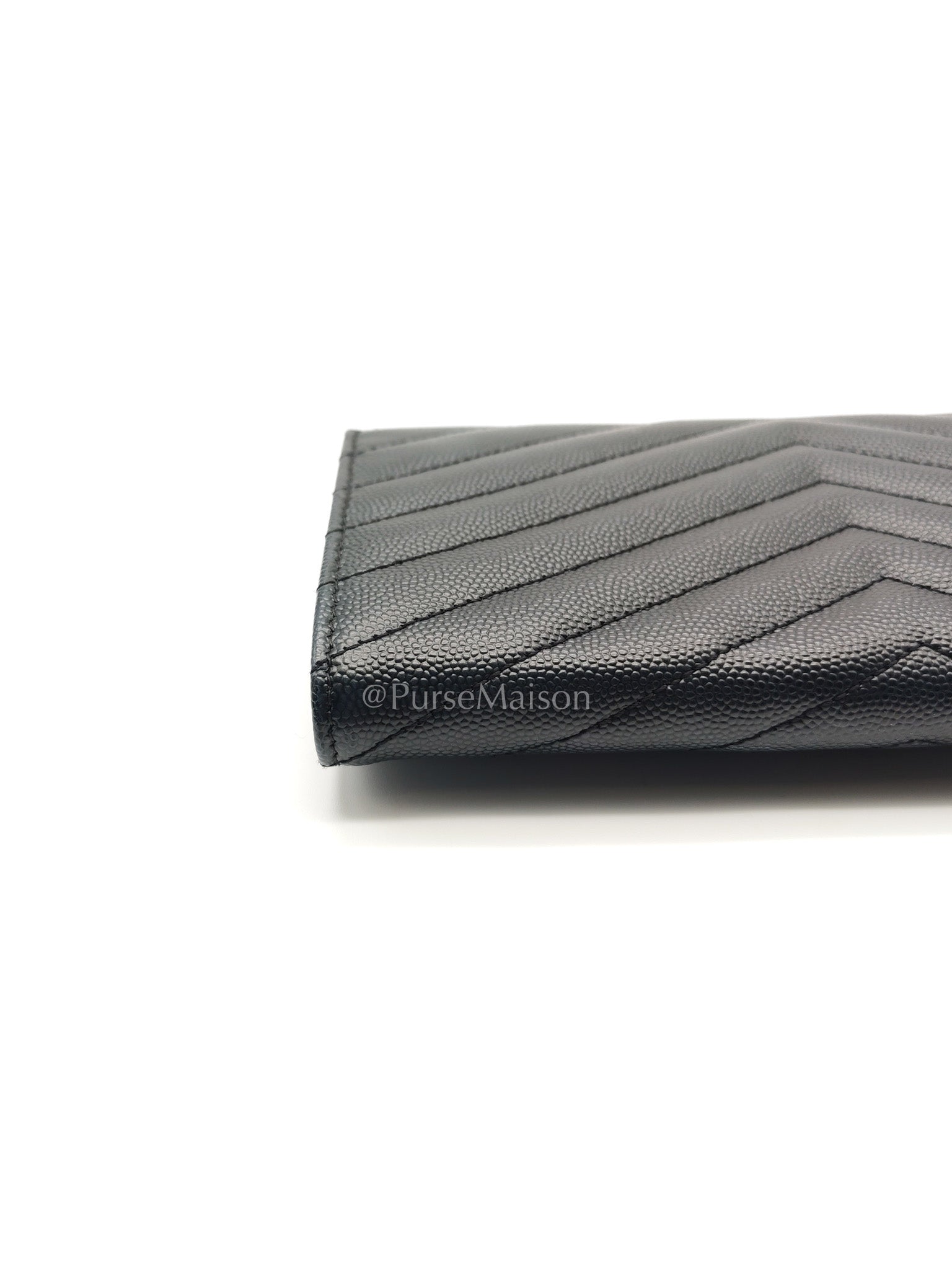 Yves Saint Laurent Long Flap Wallet in Black Cassandre Matelassé Grain De Poudre Leather and Gold Hardware