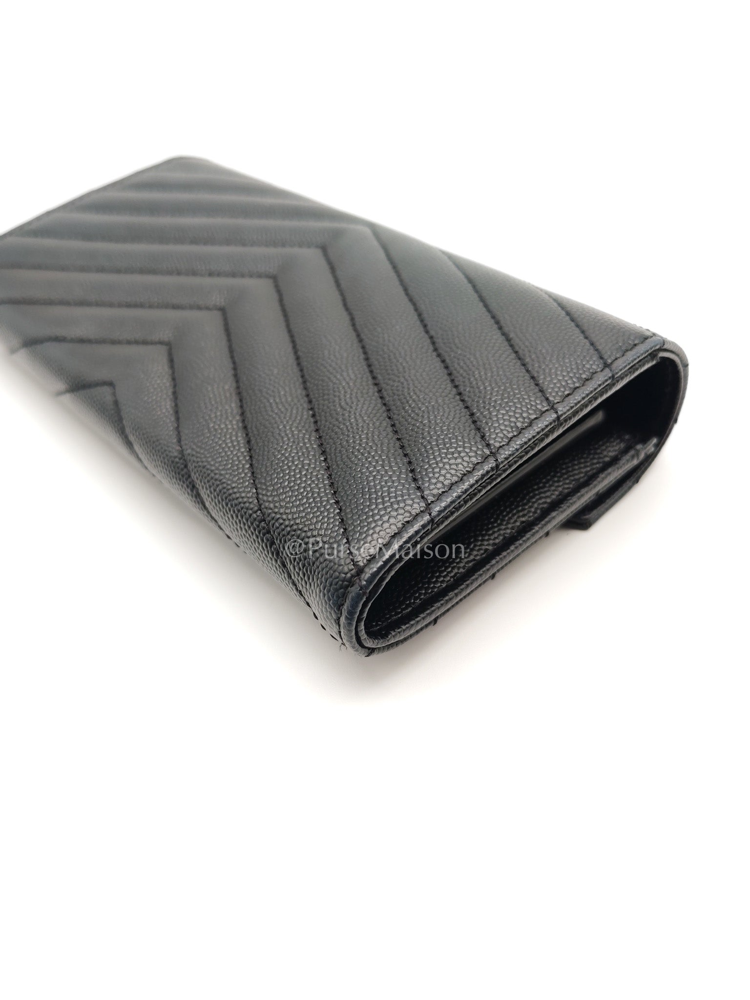 Yves Saint Laurent Long Flap Wallet in Black Cassandre Matelassé Grain De Poudre Leather and Gold Hardware