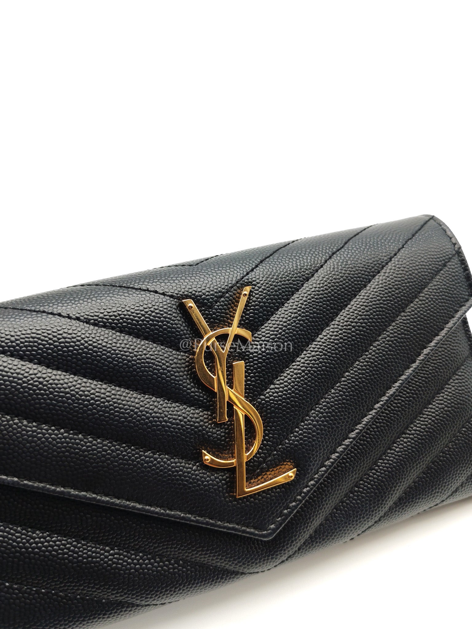 Yves Saint Laurent Long Flap Wallet in Black Cassandre Matelassé Grain De Poudre Leather and Gold Hardware