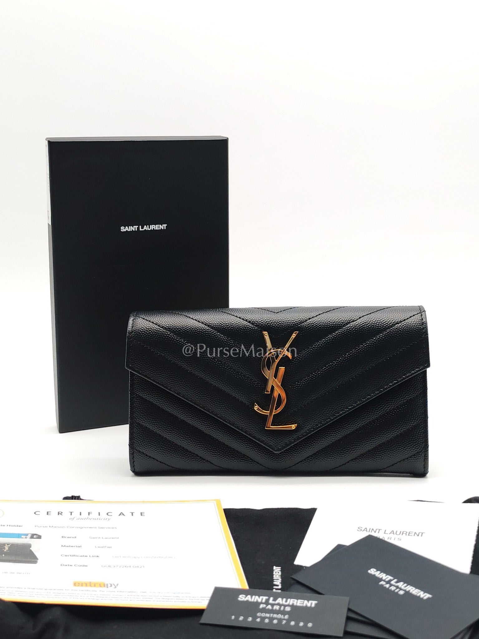 Yves Saint Laurent Long Flap Wallet in Black Cassandre Matelassé Grain De Poudre Leather and Gold Hardware