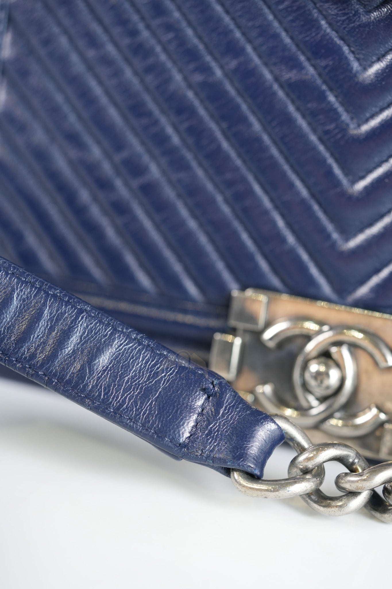 Boy Old Medium in Dark Blue Chevron Lambskin Leather Ruthenium Hardware (Series 20)