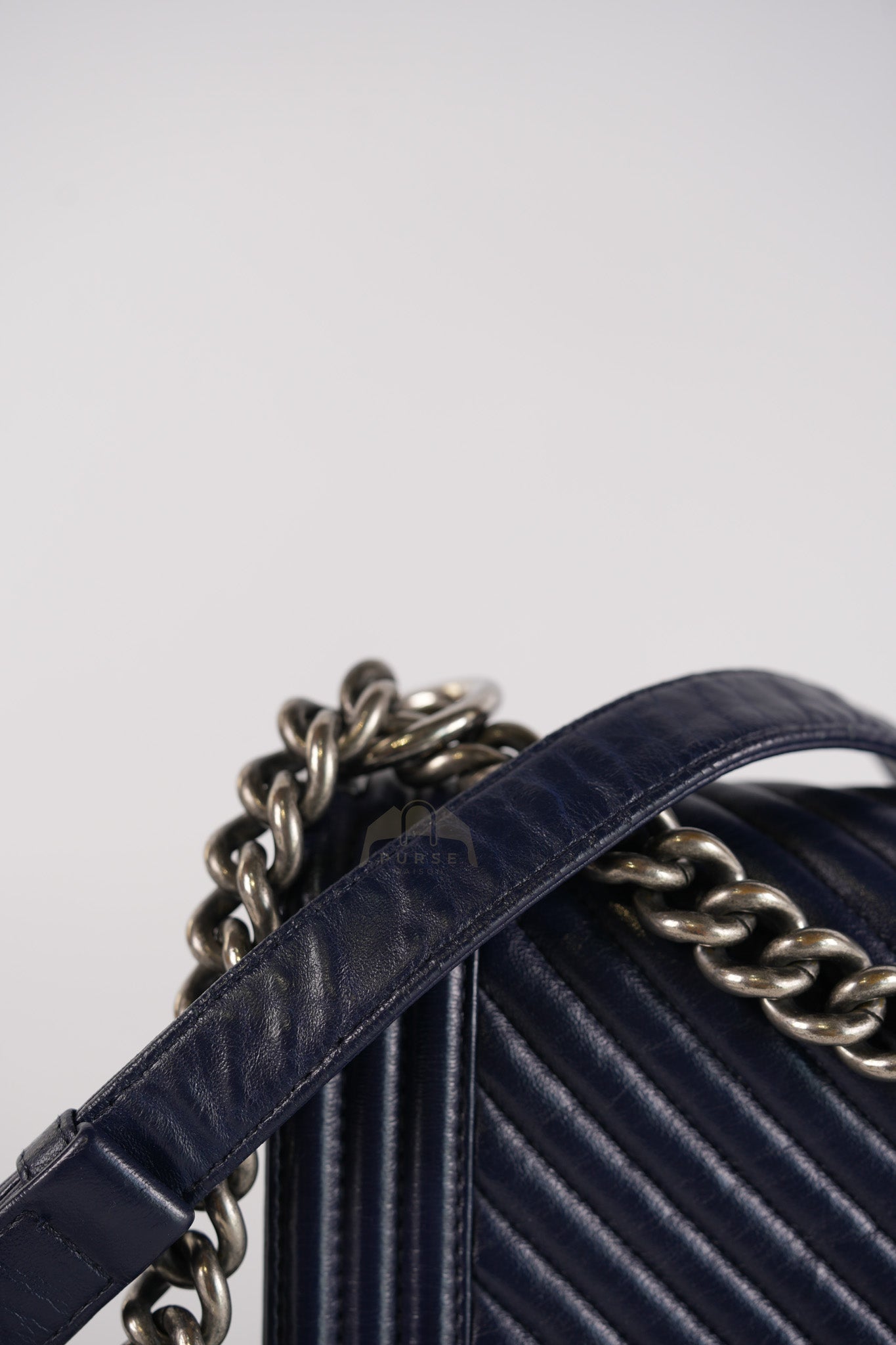Boy Old Medium in Dark Blue Chevron Lambskin Leather Ruthenium Hardware (Series 20)