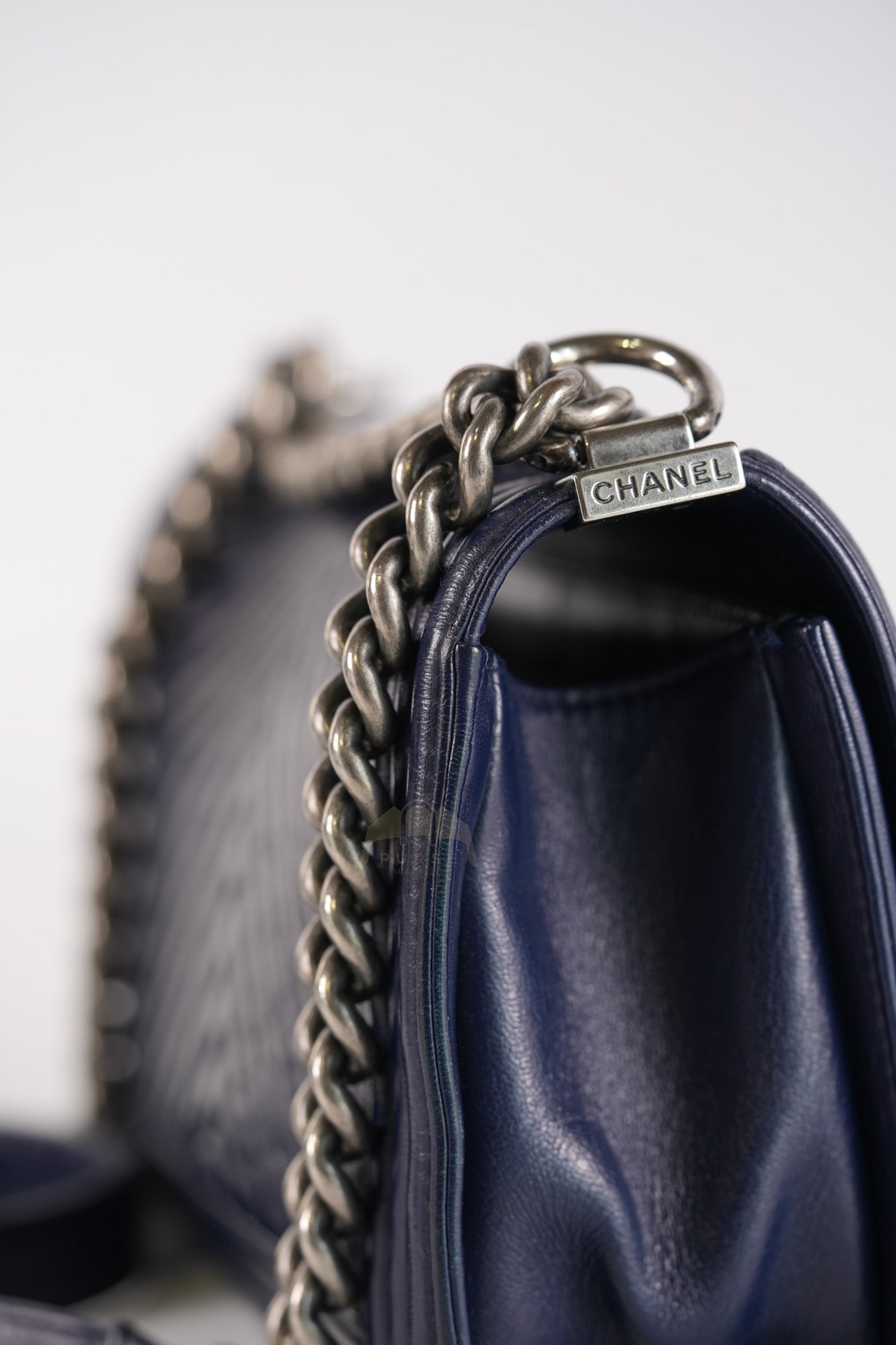 Boy Old Medium in Dark Blue Chevron Lambskin Leather Ruthenium Hardware (Series 20)
