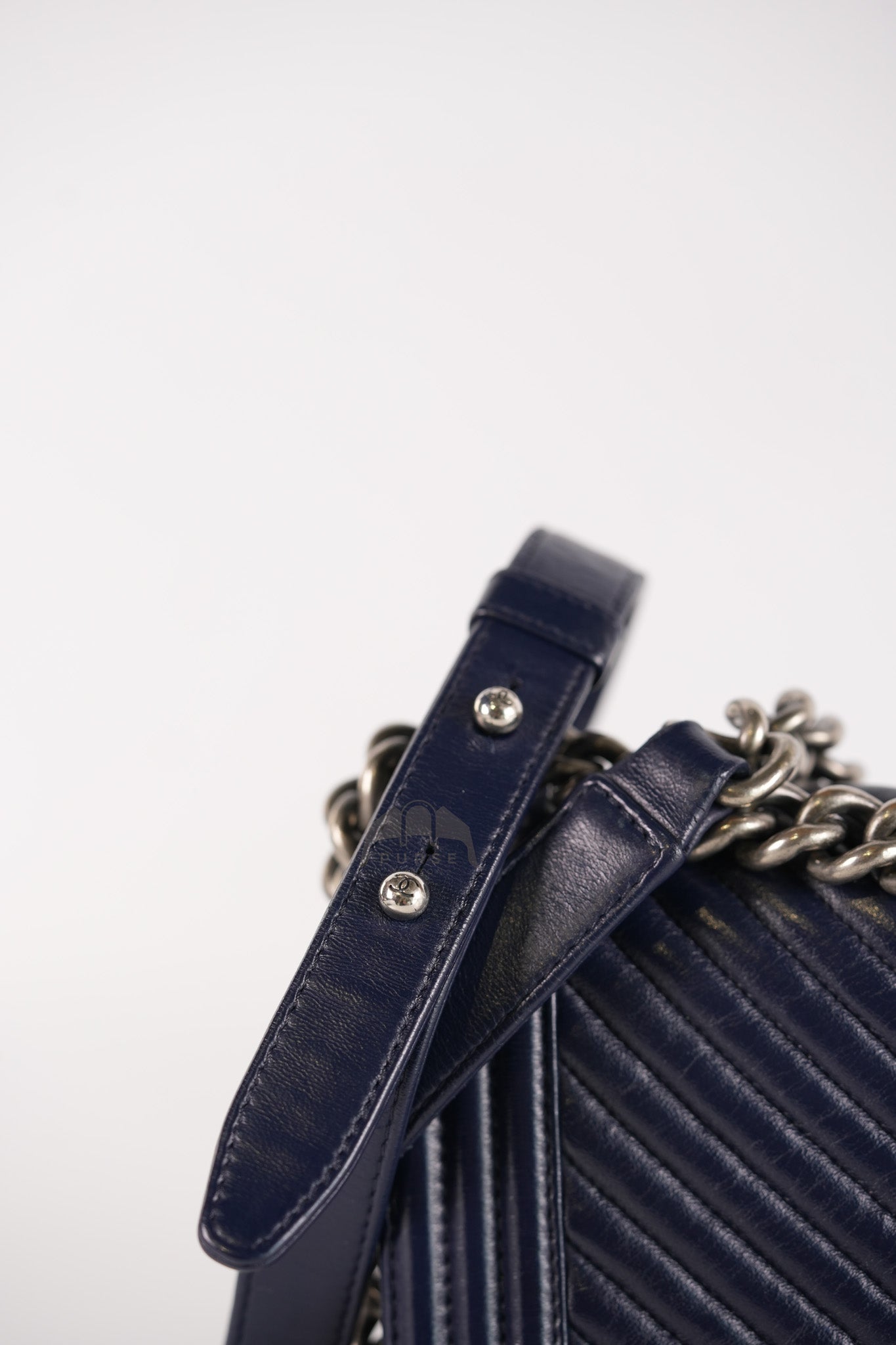 Boy Old Medium in Dark Blue Chevron Lambskin Leather Ruthenium Hardware (Series 20)