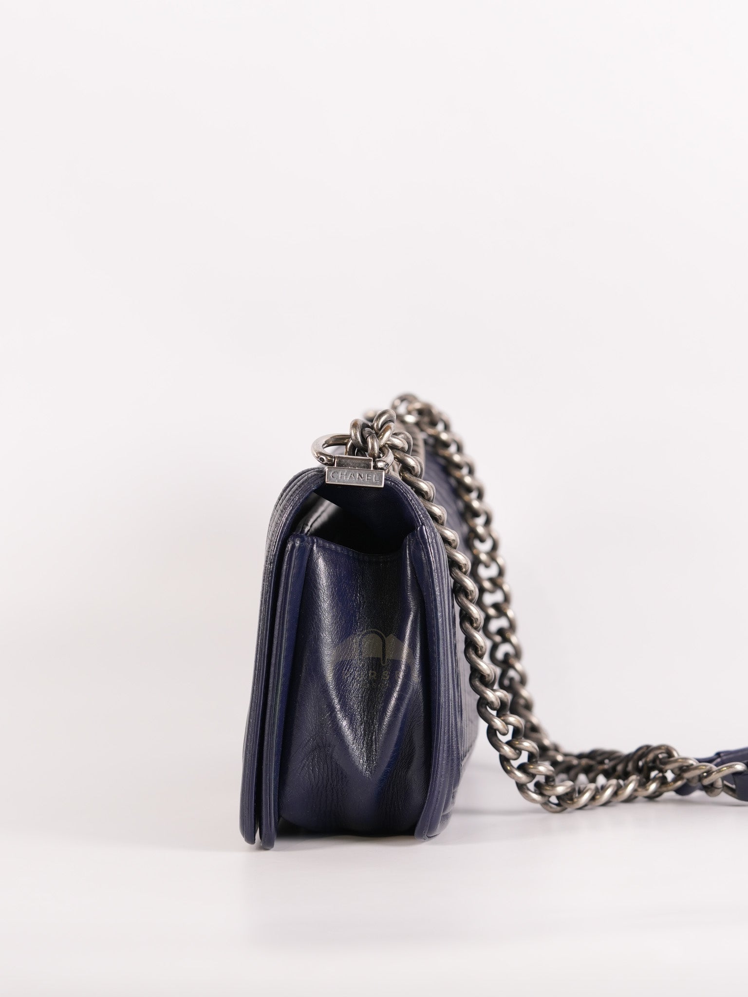 Boy Old Medium in Dark Blue Chevron Lambskin Leather Ruthenium Hardware (Series 20)