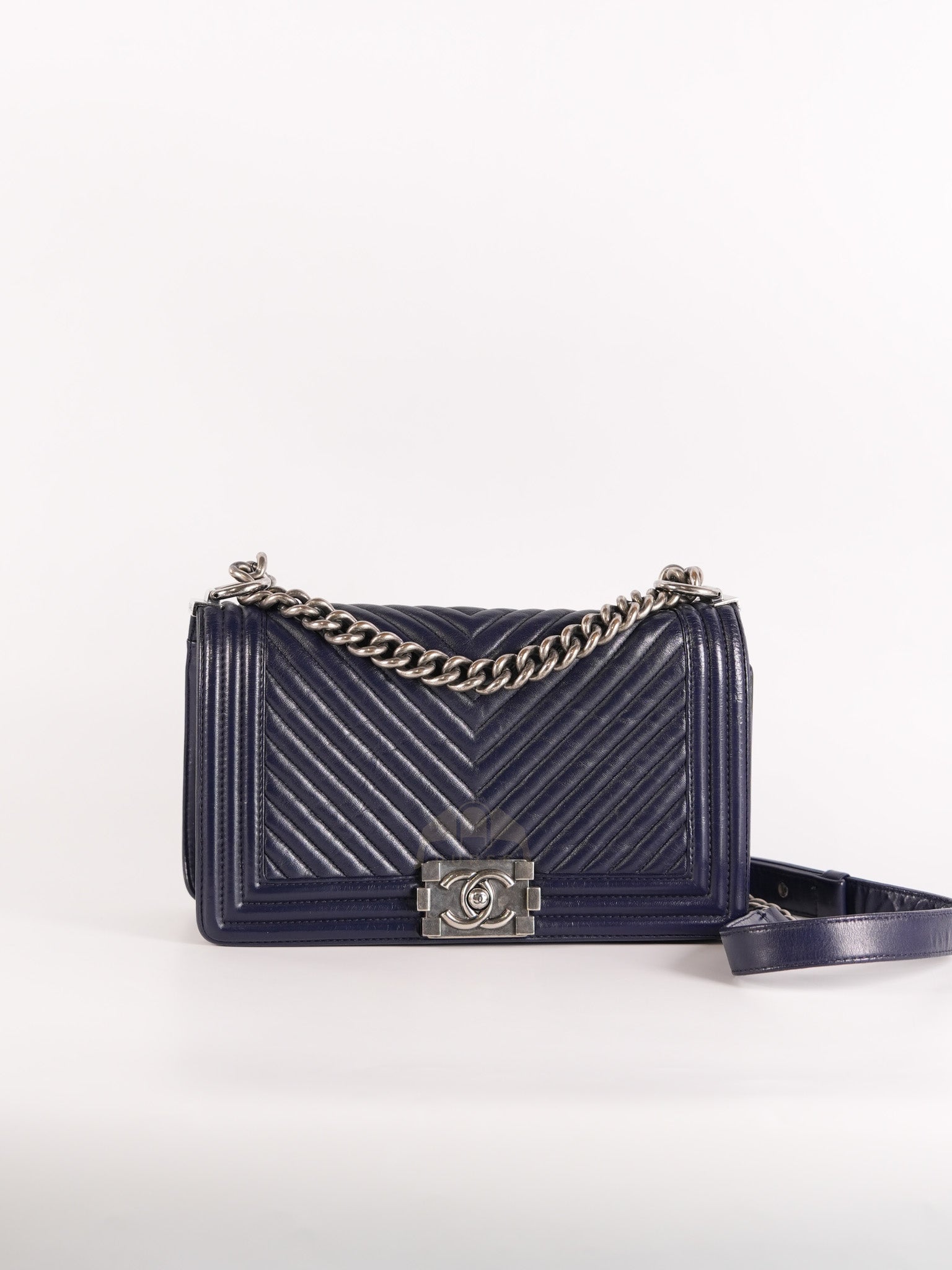 Boy Old Medium in Dark Blue Chevron Lambskin Leather Ruthenium Hardware (Series 20)