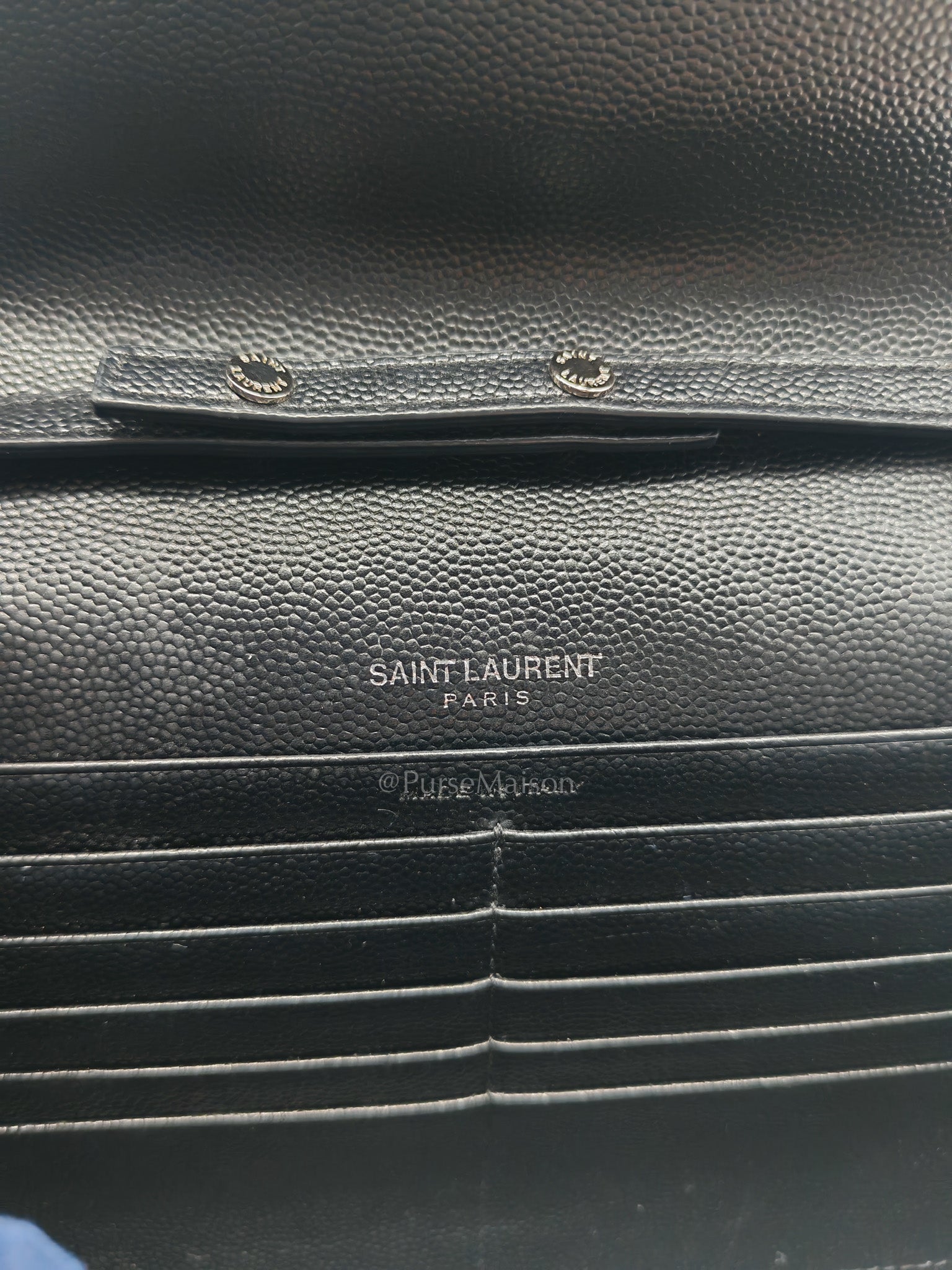 Yves Saint Laurent Cassandre Wallet on Chain in Black Chevron Quilted Grained de Poudre Leather & Silver Hardware | Purse Maison Luxury Bags Shop
