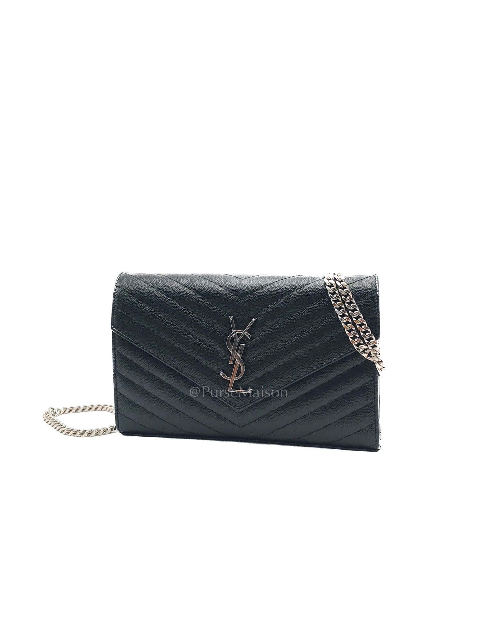 Yves Saint Laurent Cassandre Wallet on Chain in Black Chevron Quilted Grained de Poudre Leather & Silver Hardware | Purse Maison Luxury Bags Shop
