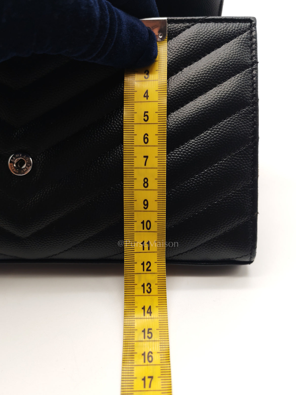 Yves Saint Laurent Cassandre Wallet on Chain in Black Chevron Quilted Grained de Poudre Leather & Silver Hardware | Purse Maison Luxury Bags Shop