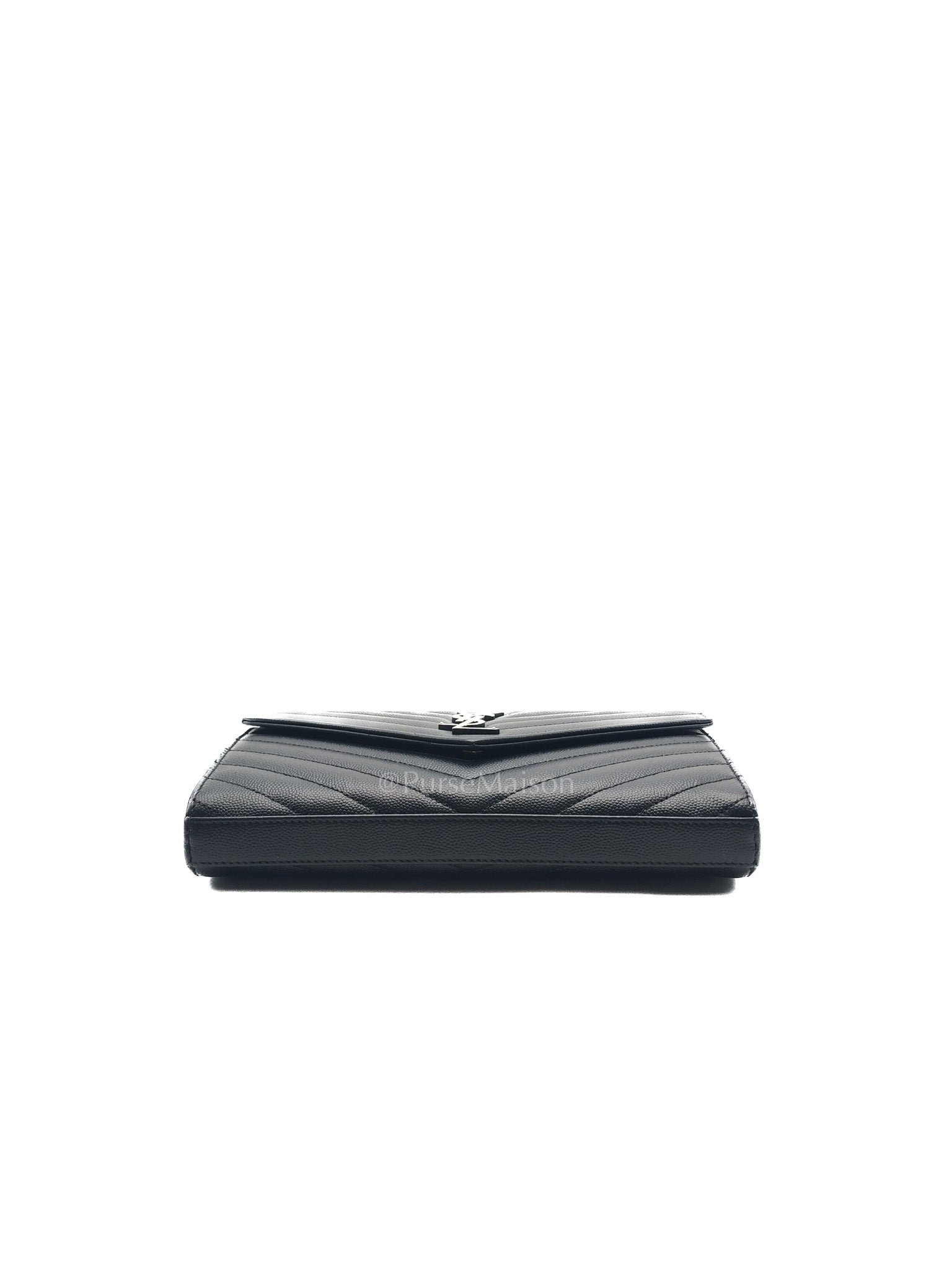 Yves Saint Laurent Cassandre Wallet on Chain in Black Chevron Quilted Grained de Poudre Leather & Silver Hardware | Purse Maison Luxury Bags Shop