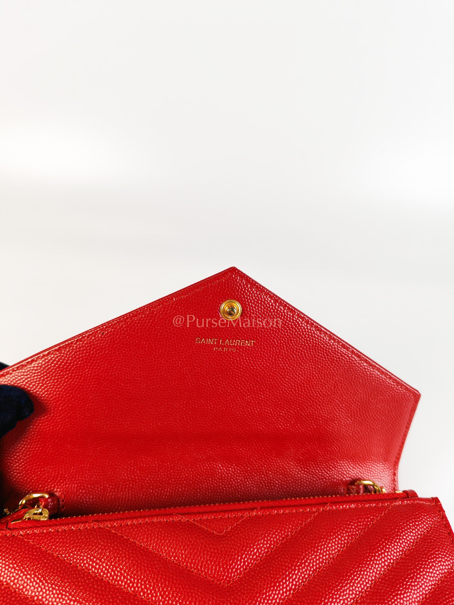 Cassandre Wallet on Chain (WOC) in Red Grained Calfskin Leather Chain Bag | Purse Maison Luxury Bags Shop
