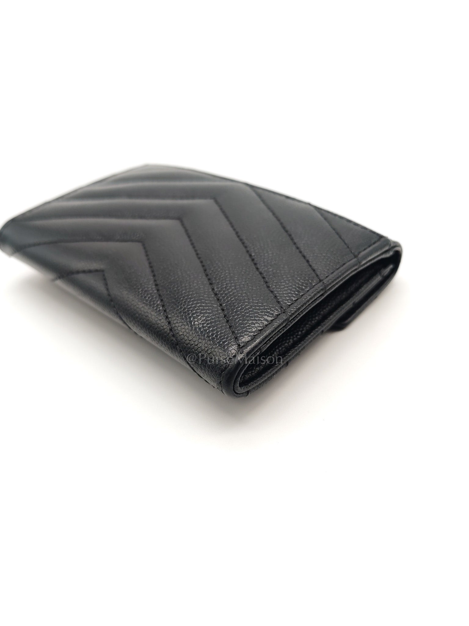 Yves Saint Laurent Chevron Wallet in Black Grain de Poudre Leather and Silver Hardware | Purse Maison Luxury Bags Shop