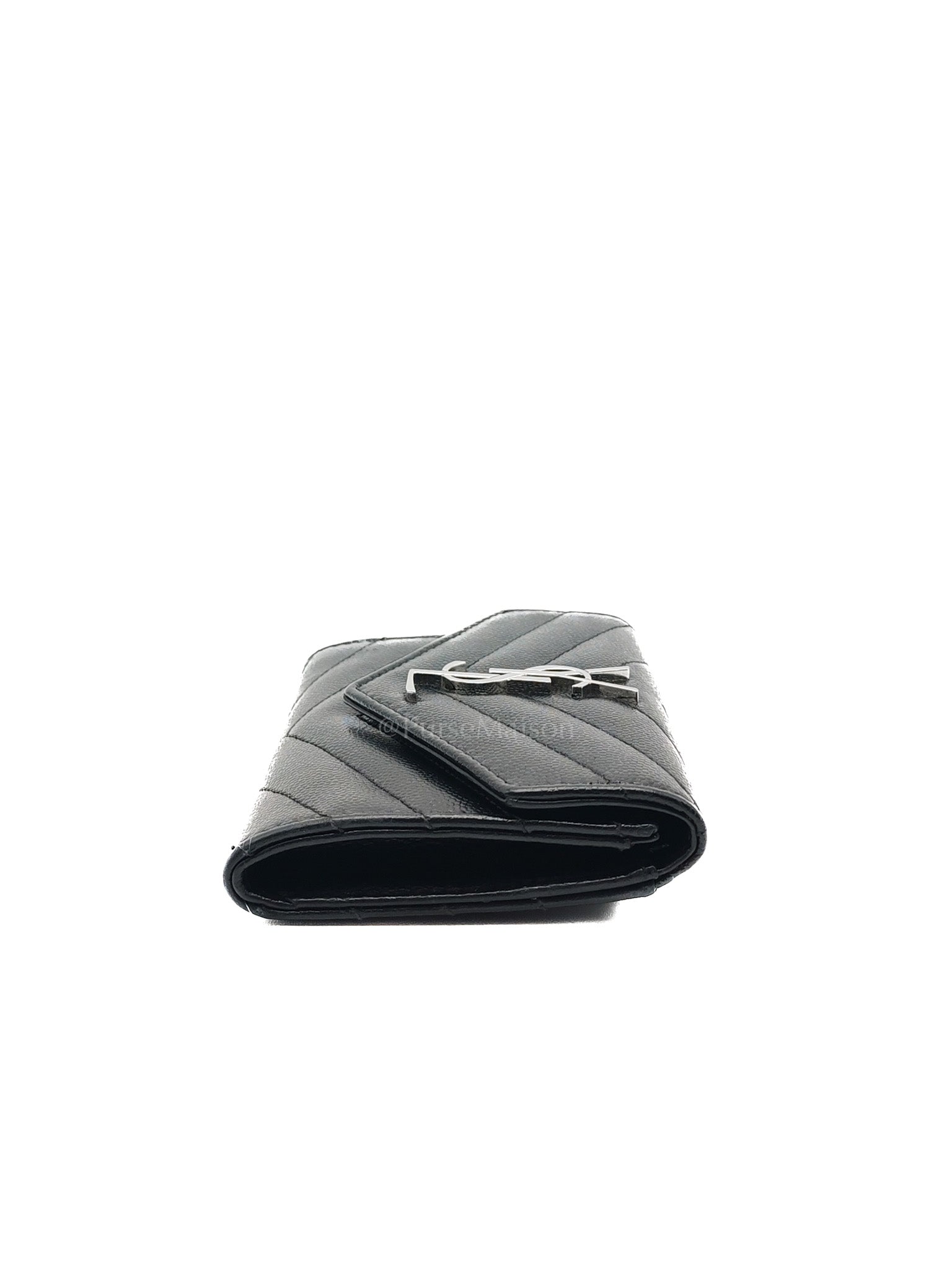 Yves Saint Laurent Chevron Wallet in Black Grain de Poudre Leather and Silver Hardware | Purse Maison Luxury Bags Shop