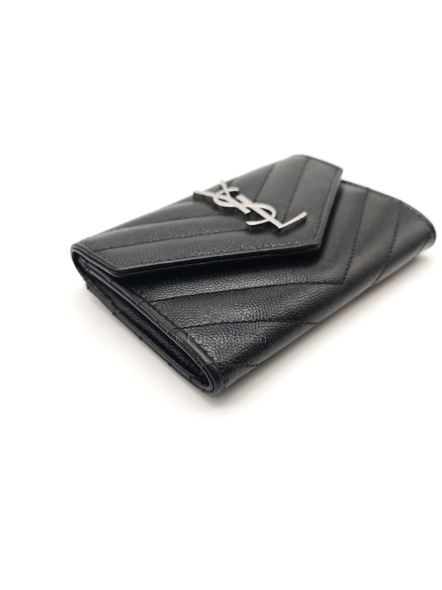 Yves Saint Laurent Chevron Wallet in Black Grain de Poudre Leather and Silver Hardware | Purse Maison Luxury Bags Shop