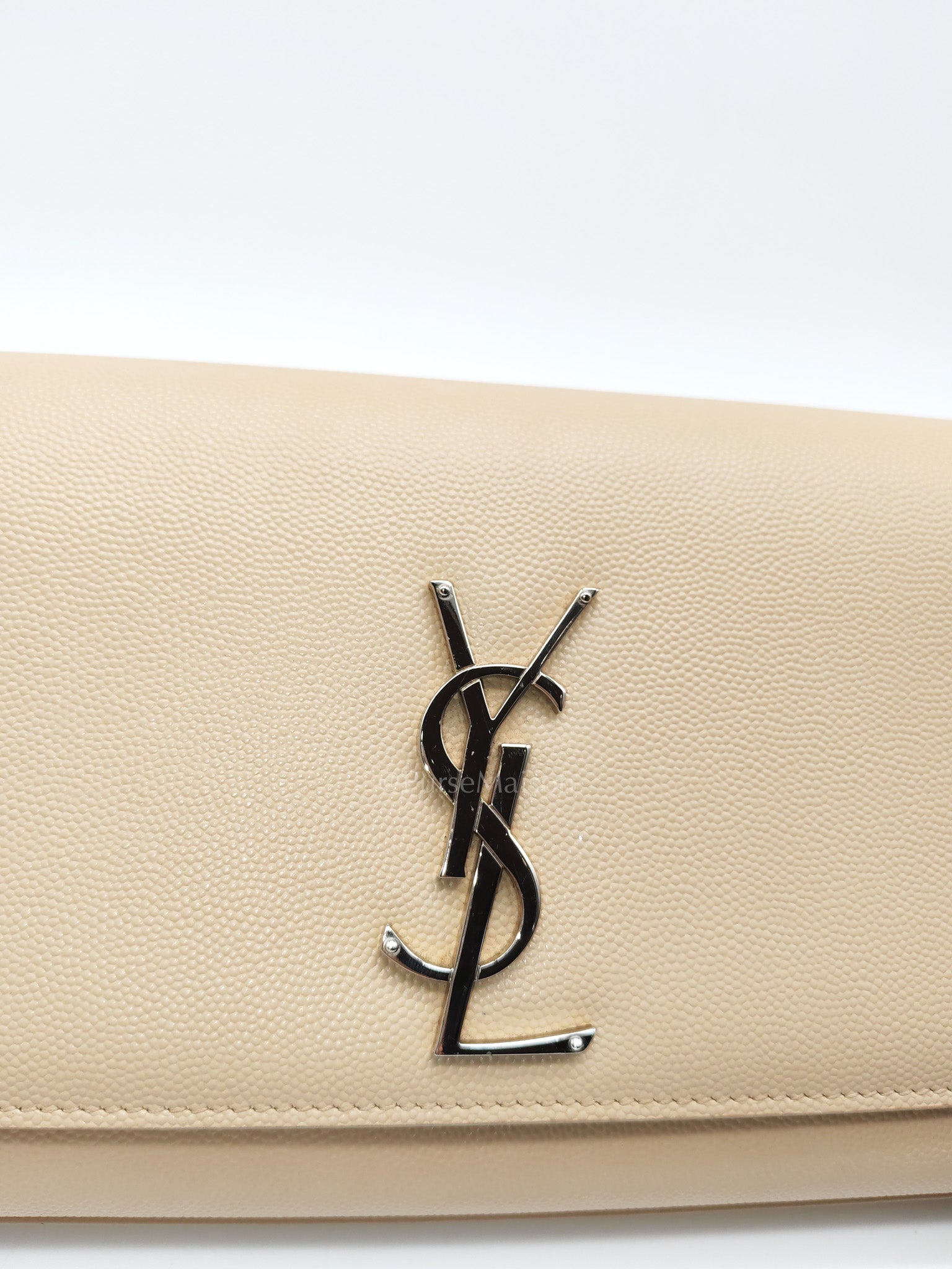 Yves Saint Laurent Classic Monogram Clutch in Light Beige Grain De Poudre Leather and Silver Hardware | Purse Maison Luxury Bags Shop
