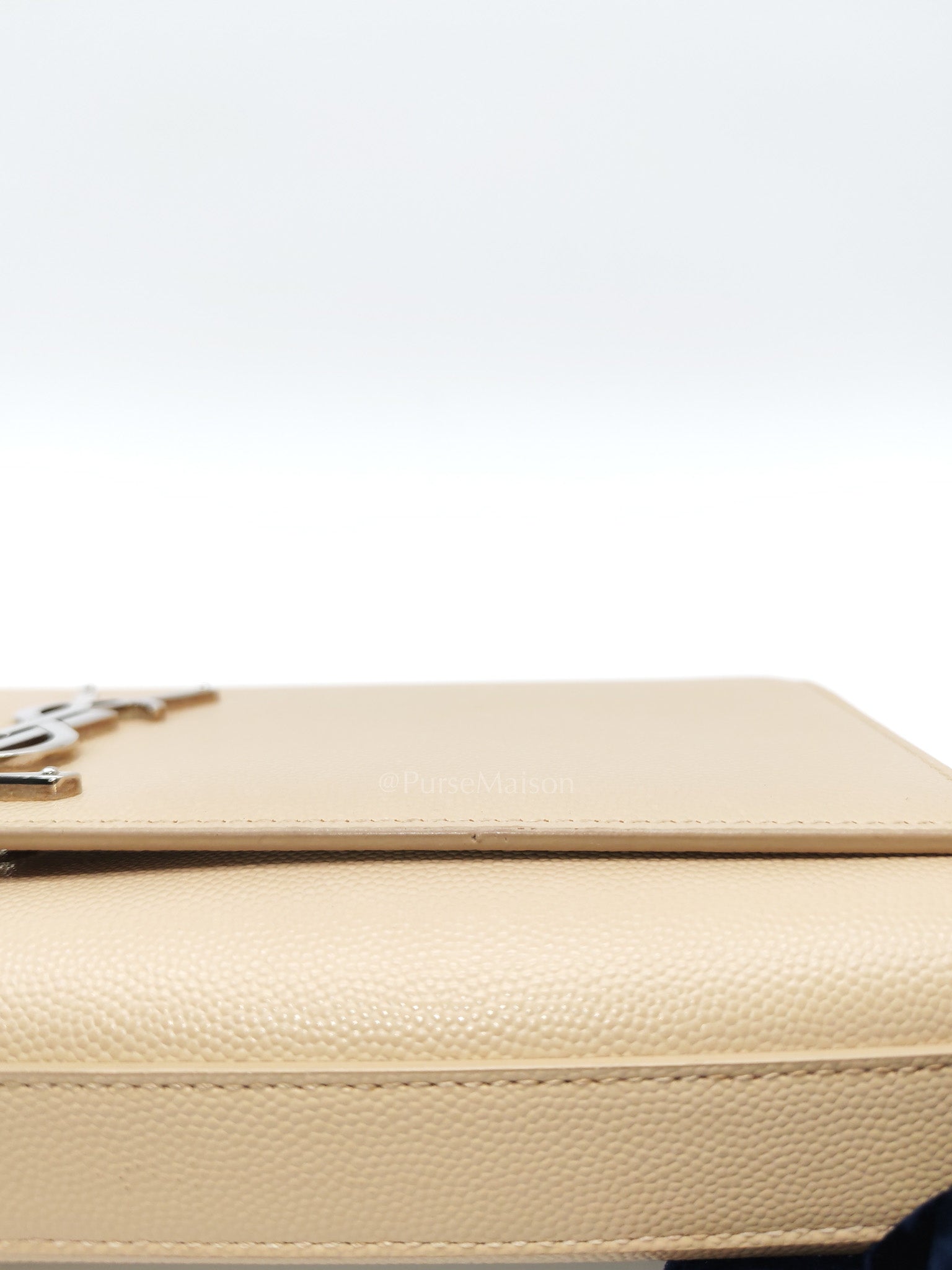Yves Saint Laurent Classic Monogram Clutch in Light Beige Grain De Poudre Leather and Silver Hardware | Purse Maison Luxury Bags Shop