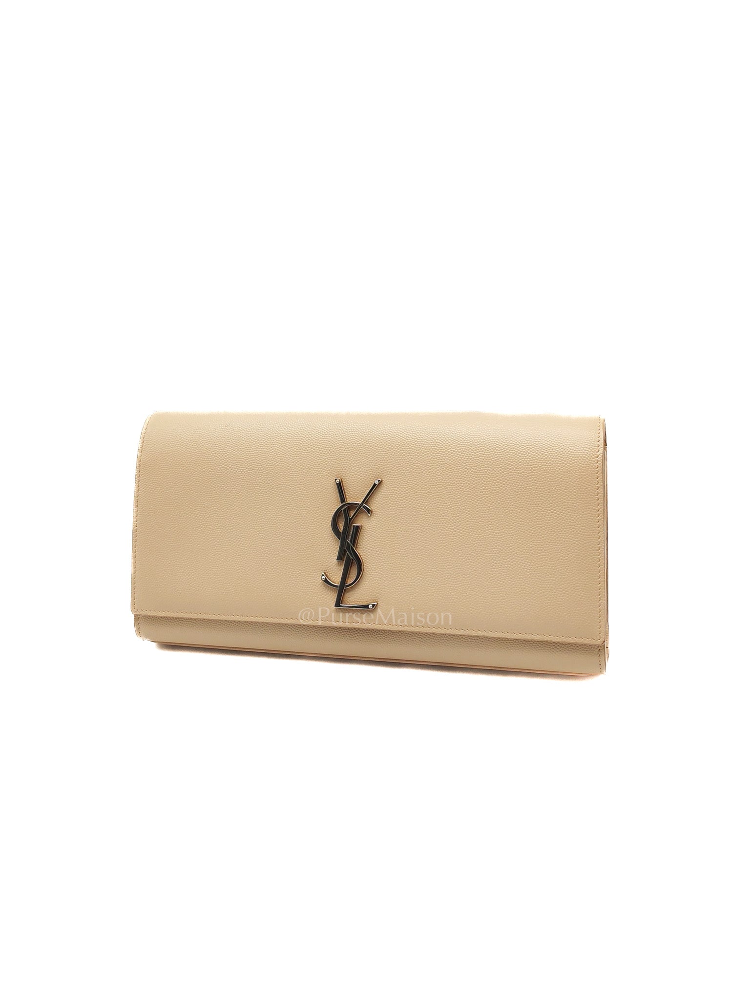 Yves Saint Laurent Classic Monogram Clutch in Light Beige Grain De Poudre Leather and Silver Hardware | Purse Maison Luxury Bags Shop