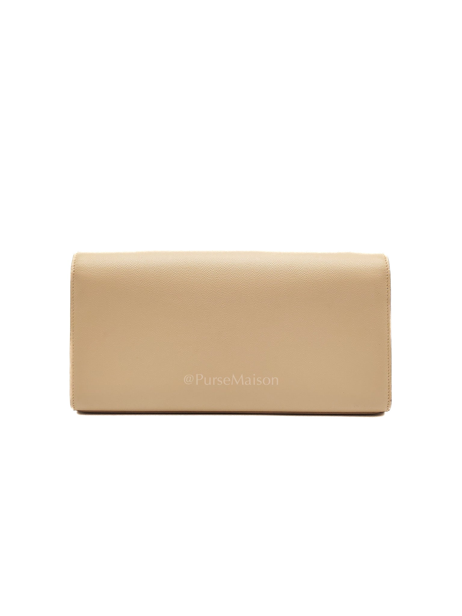 Yves Saint Laurent Classic Monogram Clutch in Light Beige Grain De Poudre Leather and Silver Hardware | Purse Maison Luxury Bags Shop