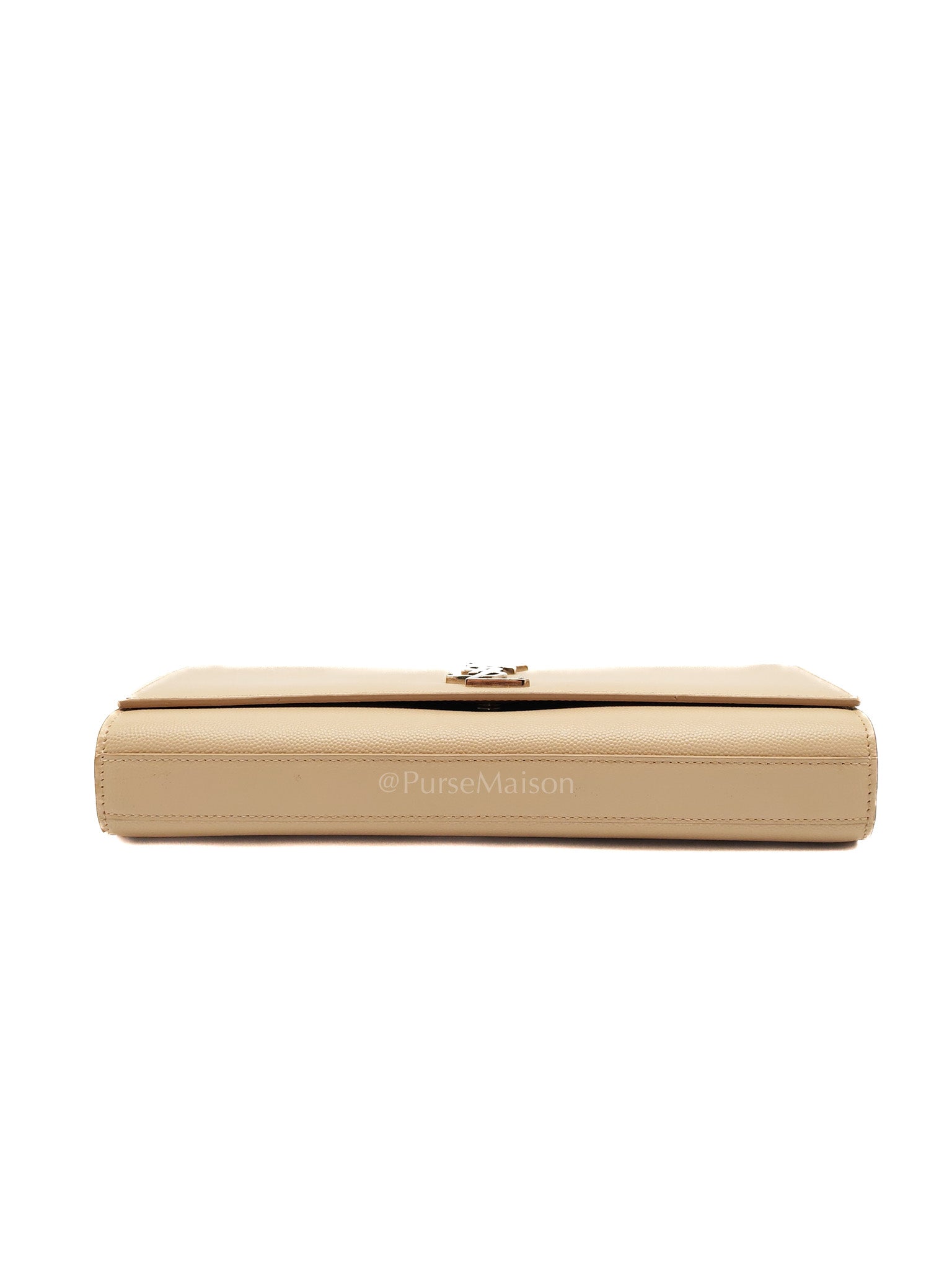 Yves Saint Laurent Classic Monogram Clutch in Light Beige Grain De Poudre Leather and Silver Hardware | Purse Maison Luxury Bags Shop