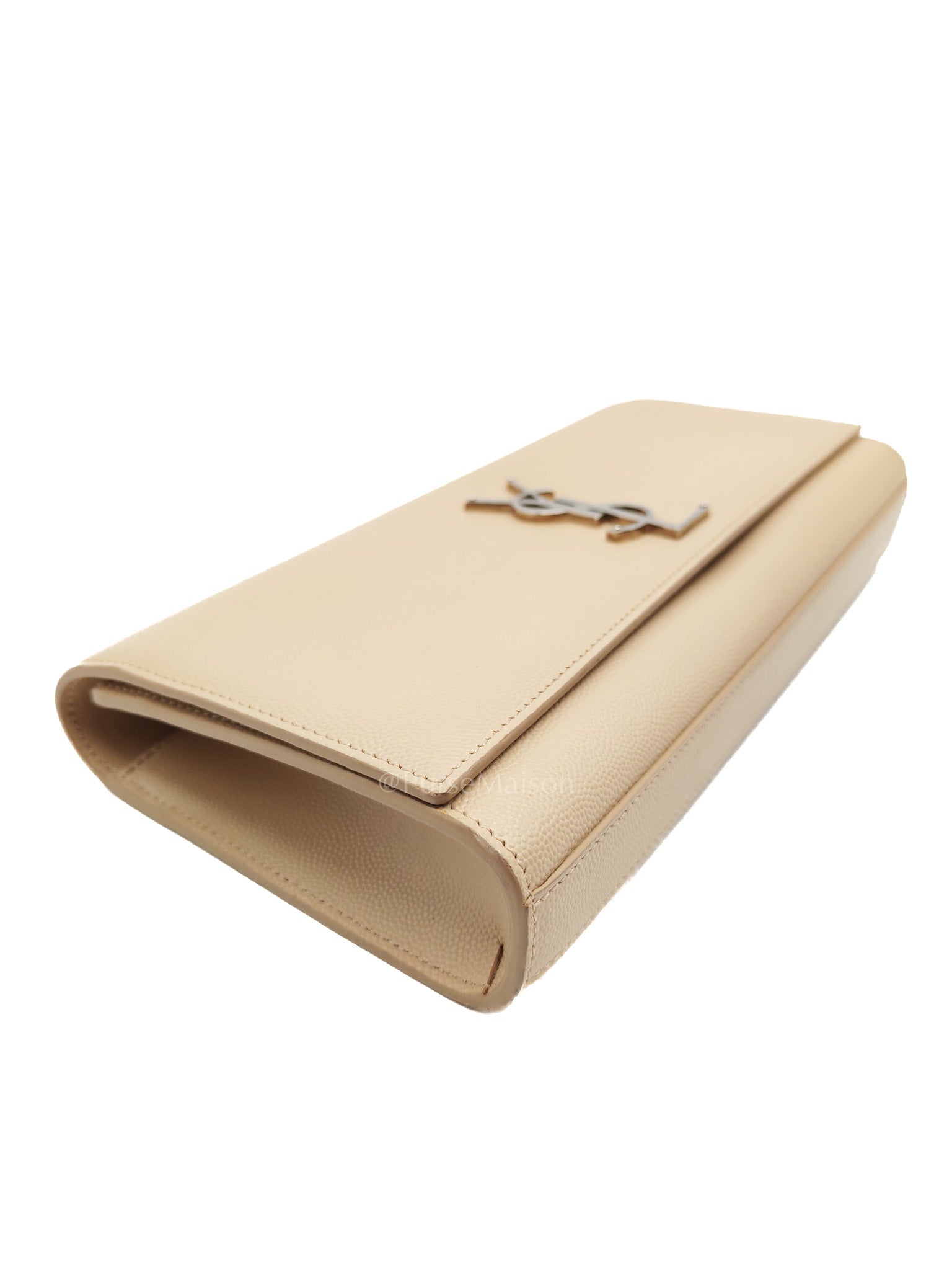 Yves Saint Laurent Classic Monogram Clutch in Light Beige Grain De Poudre Leather and Silver Hardware | Purse Maison Luxury Bags Shop