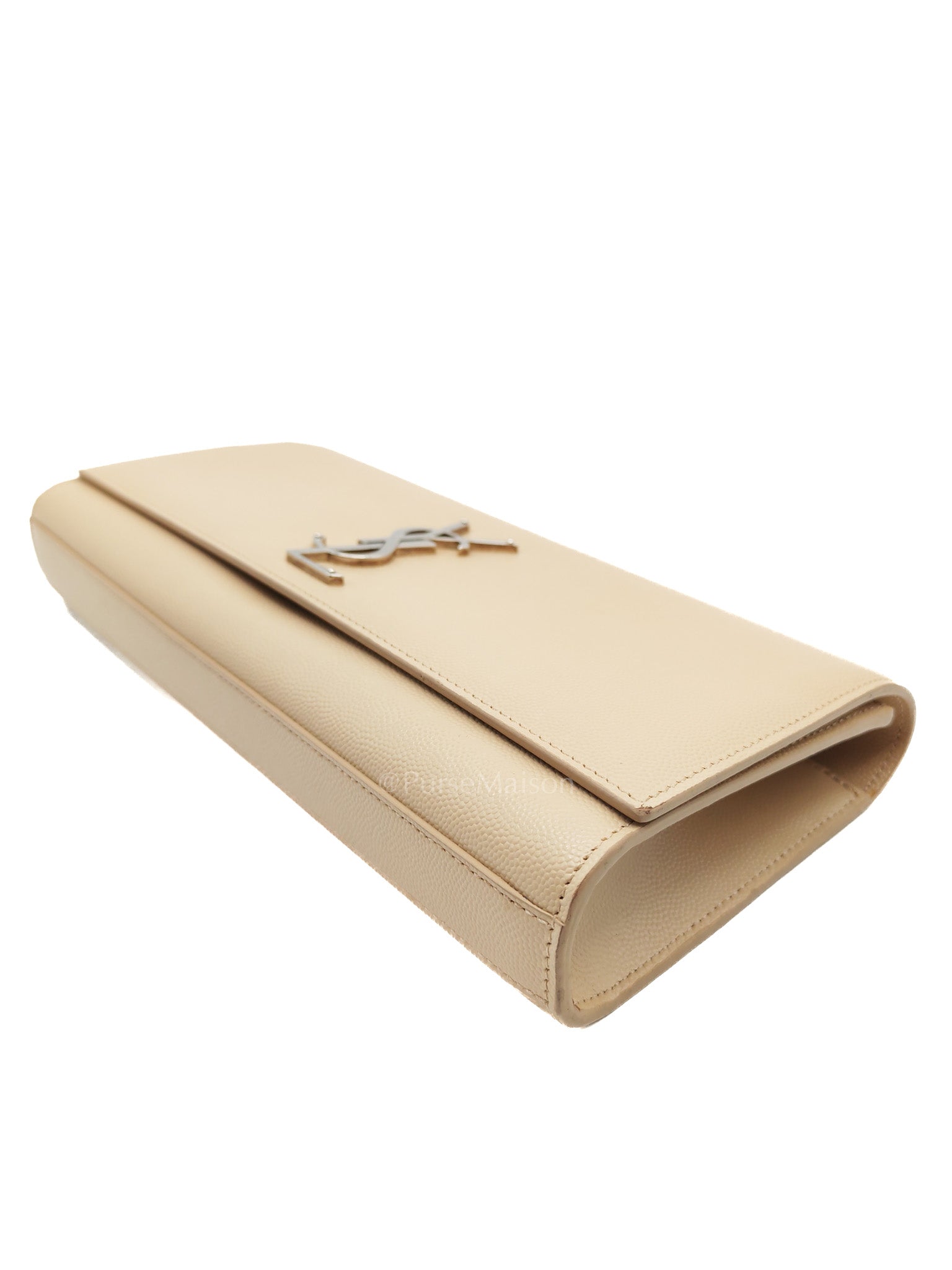 Yves Saint Laurent Classic Monogram Clutch in Light Beige Grain De Poudre Leather and Silver Hardware | Purse Maison Luxury Bags Shop