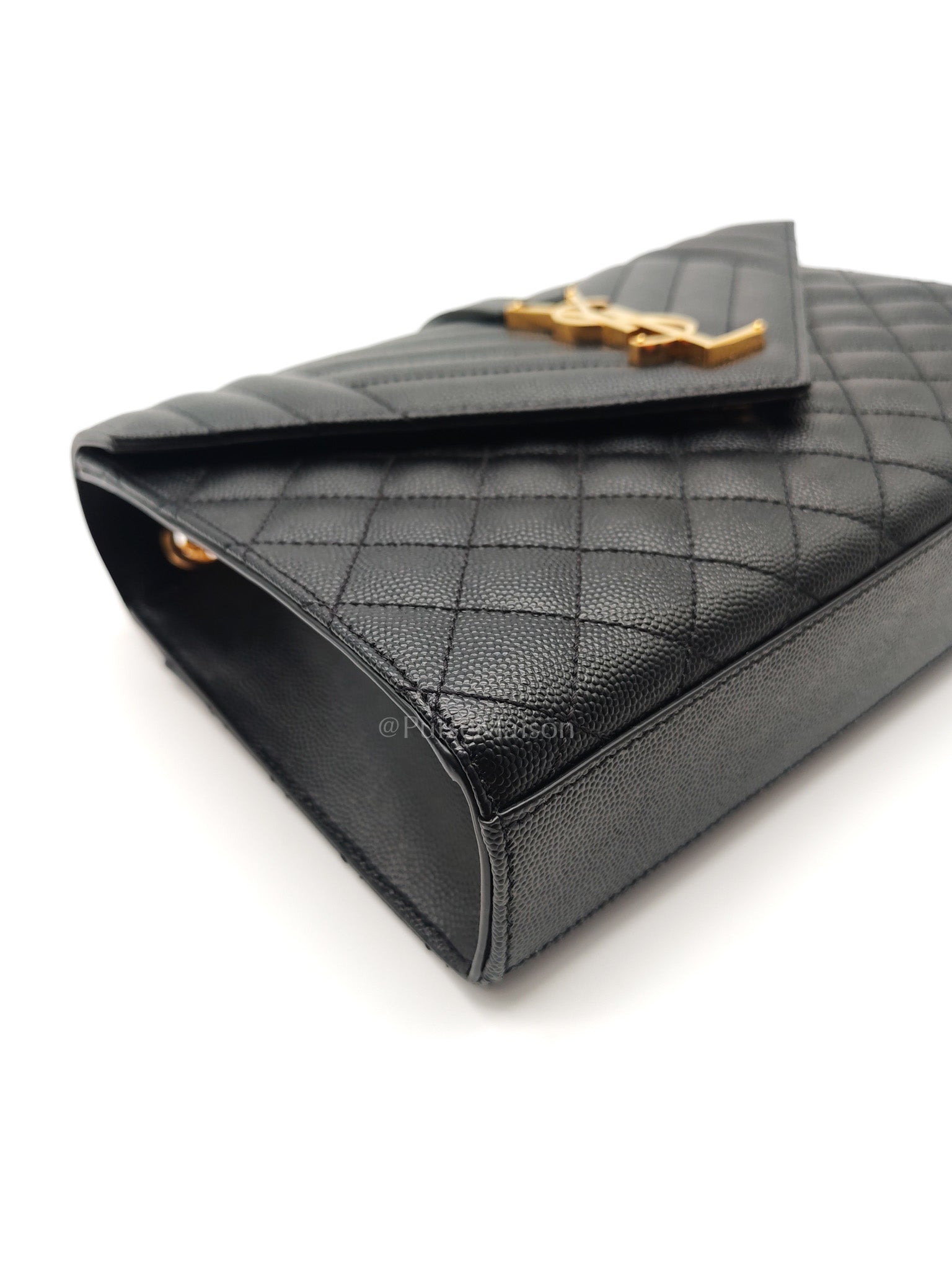 Yves Saint Laurent Envelope Bag Medium in Black Chevron Quilted Grain de Poudre Leather and Gold Hardware | Purse Maison Luxury Bags Shop