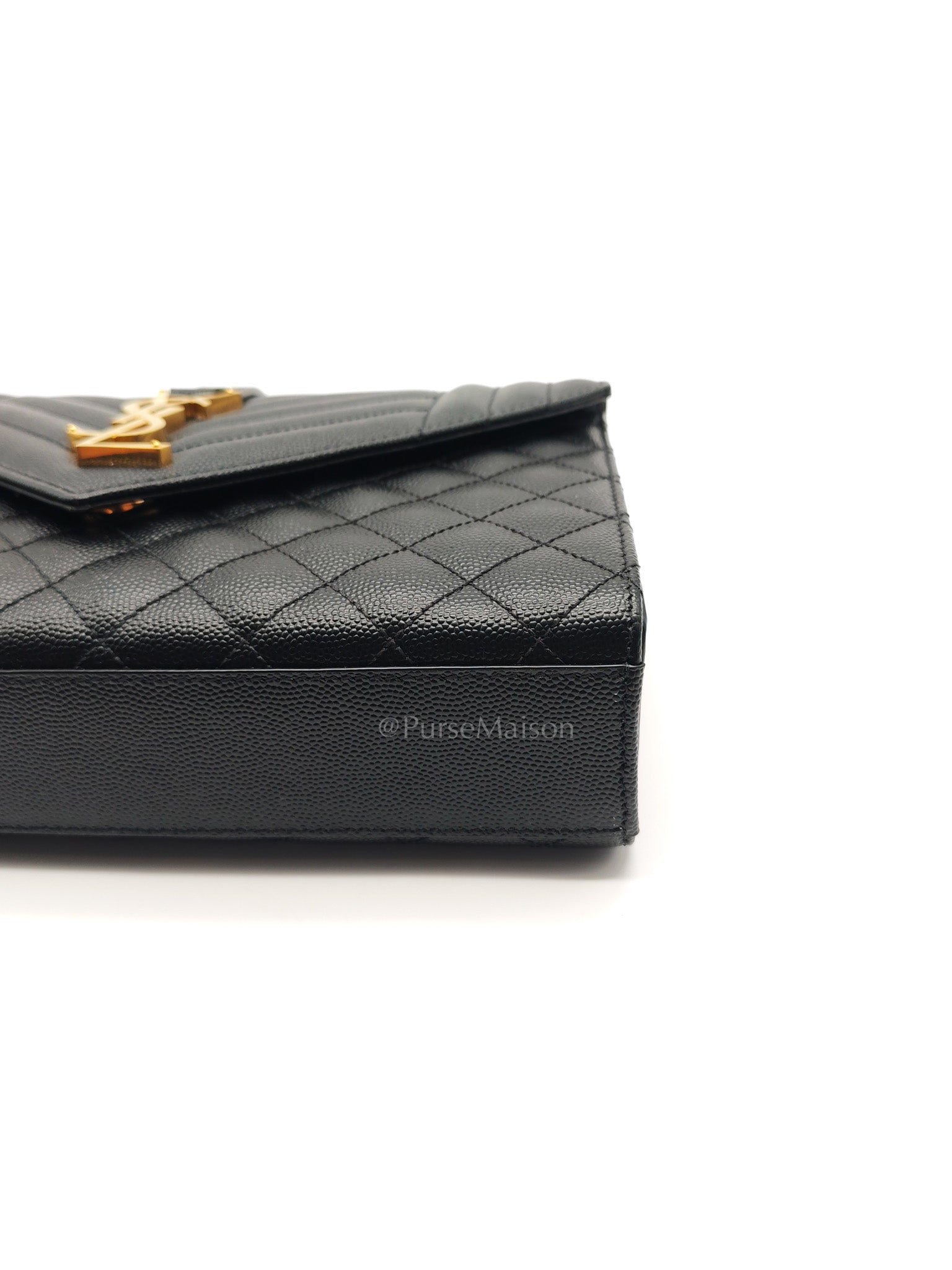 Yves Saint Laurent Envelope Bag Medium in Black Chevron Quilted Grain de Poudre Leather and Gold Hardware | Purse Maison Luxury Bags Shop