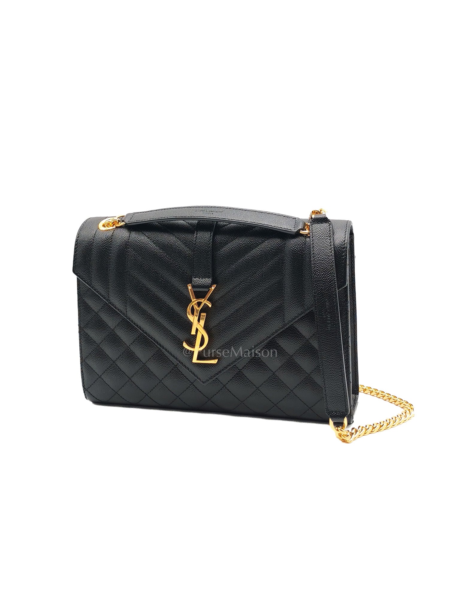 Yves Saint Laurent Envelope Bag Medium in Black Chevron Quilted Grain de Poudre Leather and Gold Hardware | Purse Maison Luxury Bags Shop