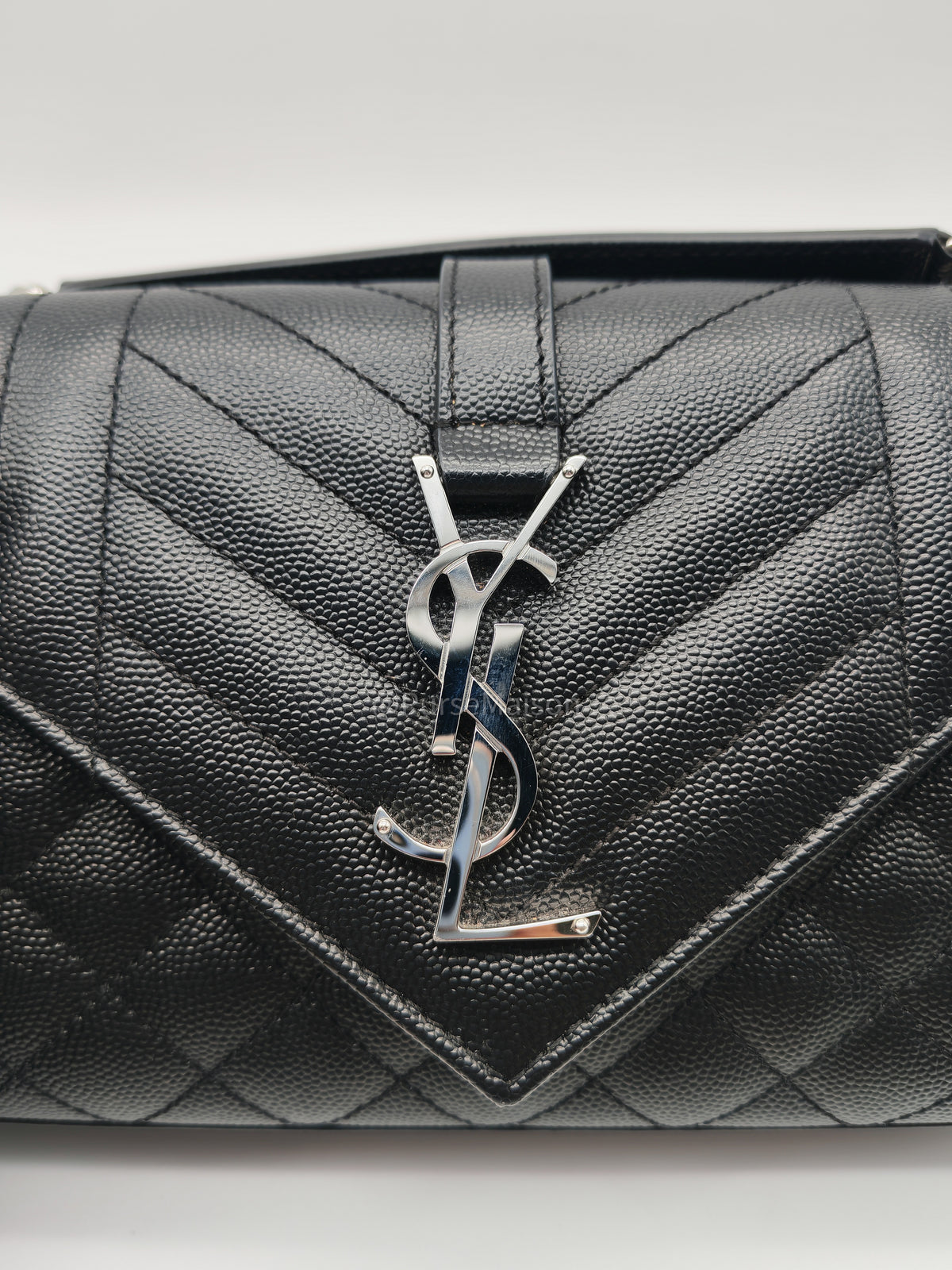 Yves Saint Laurent Envelope Chain Bag Small in Black Grain De Poudre Embossed Leather and Silver Hardware | Purse Maison Luxury Bags Shop