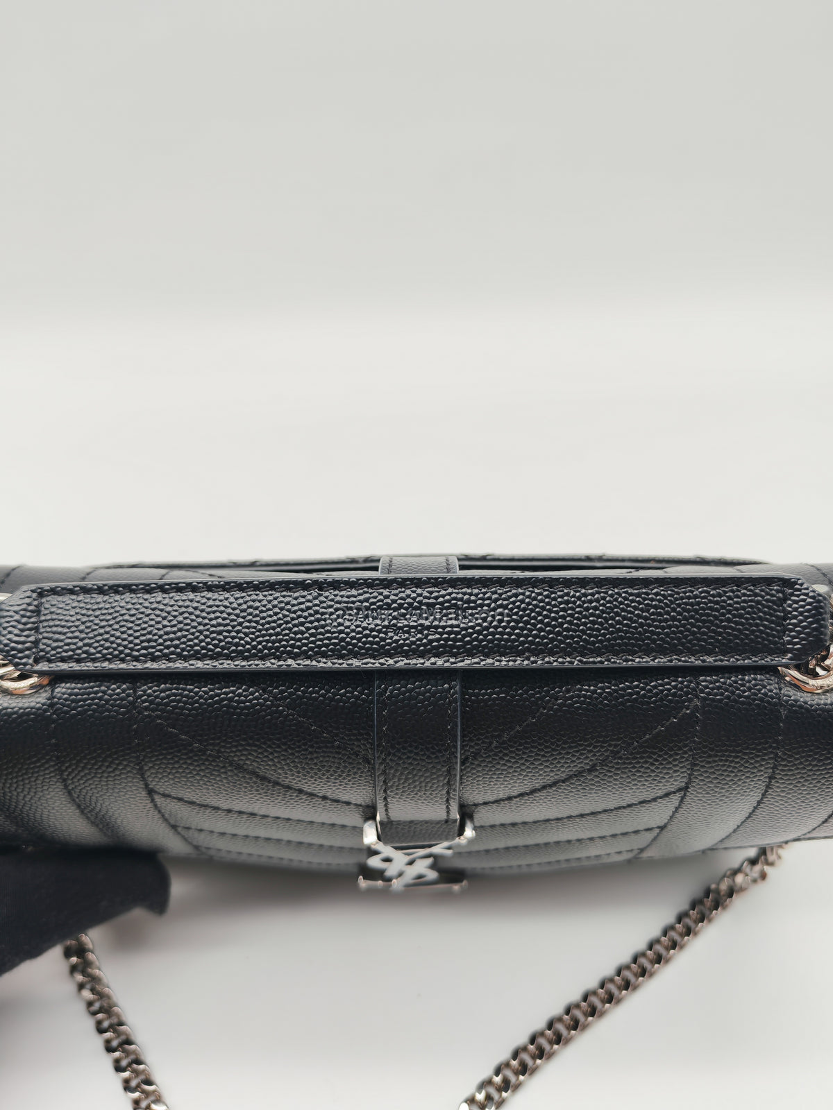 Yves Saint Laurent Envelope Chain Bag Small in Black Grain De Poudre Embossed Leather and Silver Hardware | Purse Maison Luxury Bags Shop