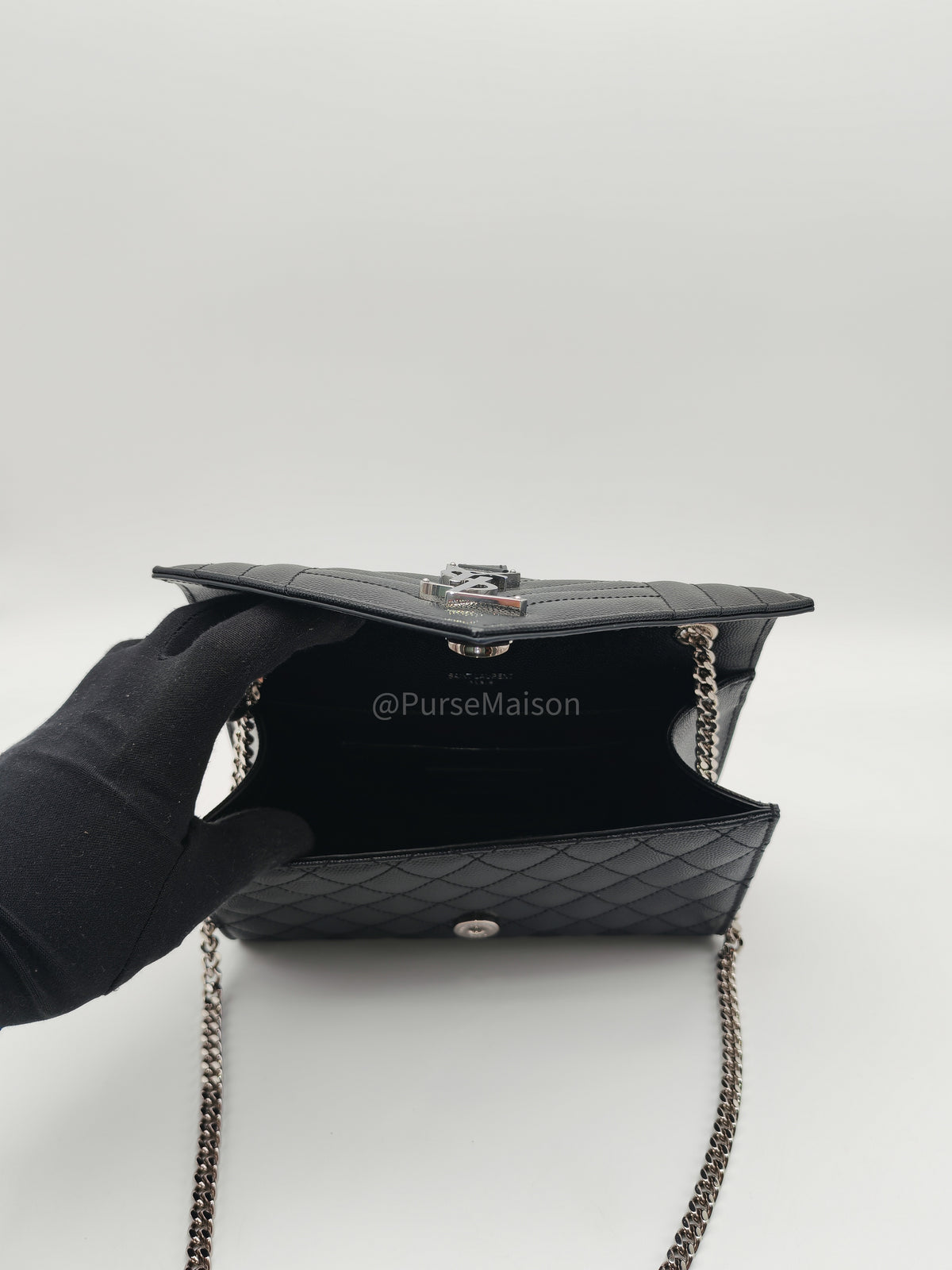 Yves Saint Laurent Envelope Chain Bag Small in Black Grain De Poudre Embossed Leather and Silver Hardware | Purse Maison Luxury Bags Shop