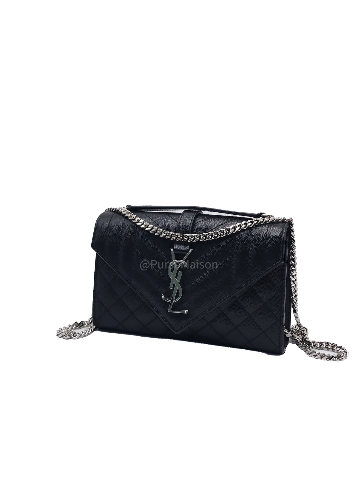 Yves Saint Laurent Envelope Chain Bag Small in Black Grain De Poudre Embossed Leather and Silver Hardware | Purse Maison Luxury Bags Shop
