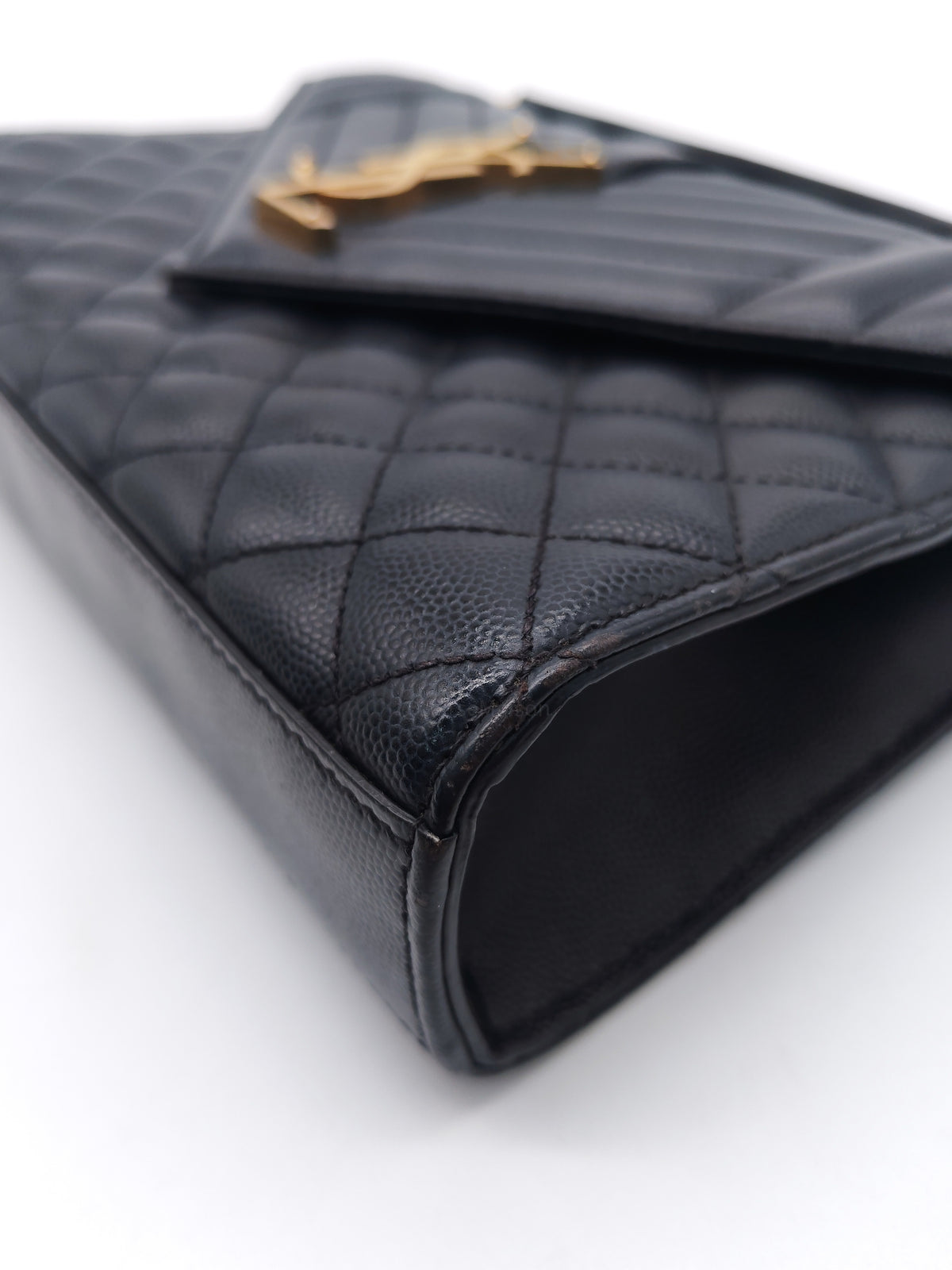 Yves Saint Laurent Envelope Medium Bag in Black Quilted Grain de Poudre Embossed Leather and Gold Hardware | Purse Maison Luxury Bags Shop