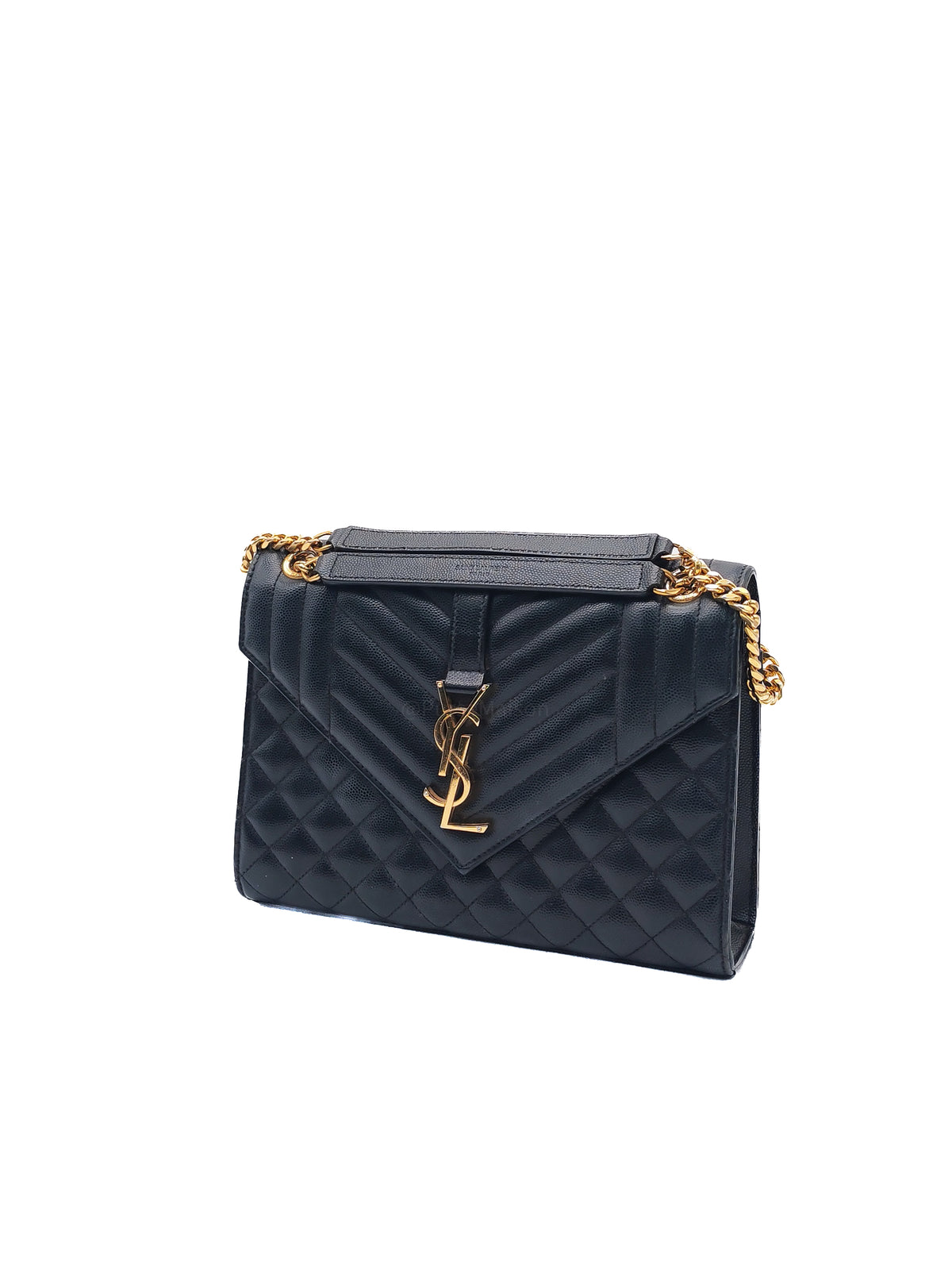 Yves Saint Laurent Envelope Medium Bag in Black Quilted Grain de Poudre Embossed Leather and Gold Hardware | Purse Maison Luxury Bags Shop