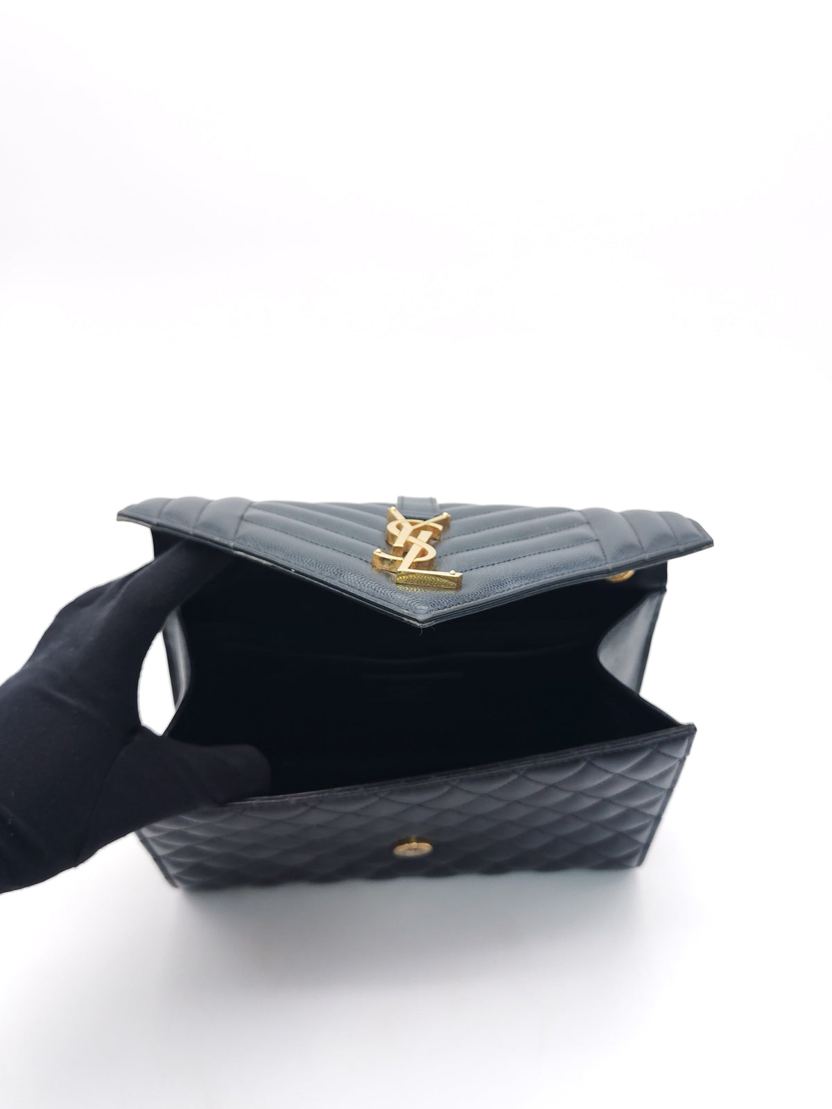 Yves Saint Laurent Envelope Medium Bag in Black Quilted Grain de Poudre Embossed Leather and Gold Hardware | Purse Maison Luxury Bags Shop
