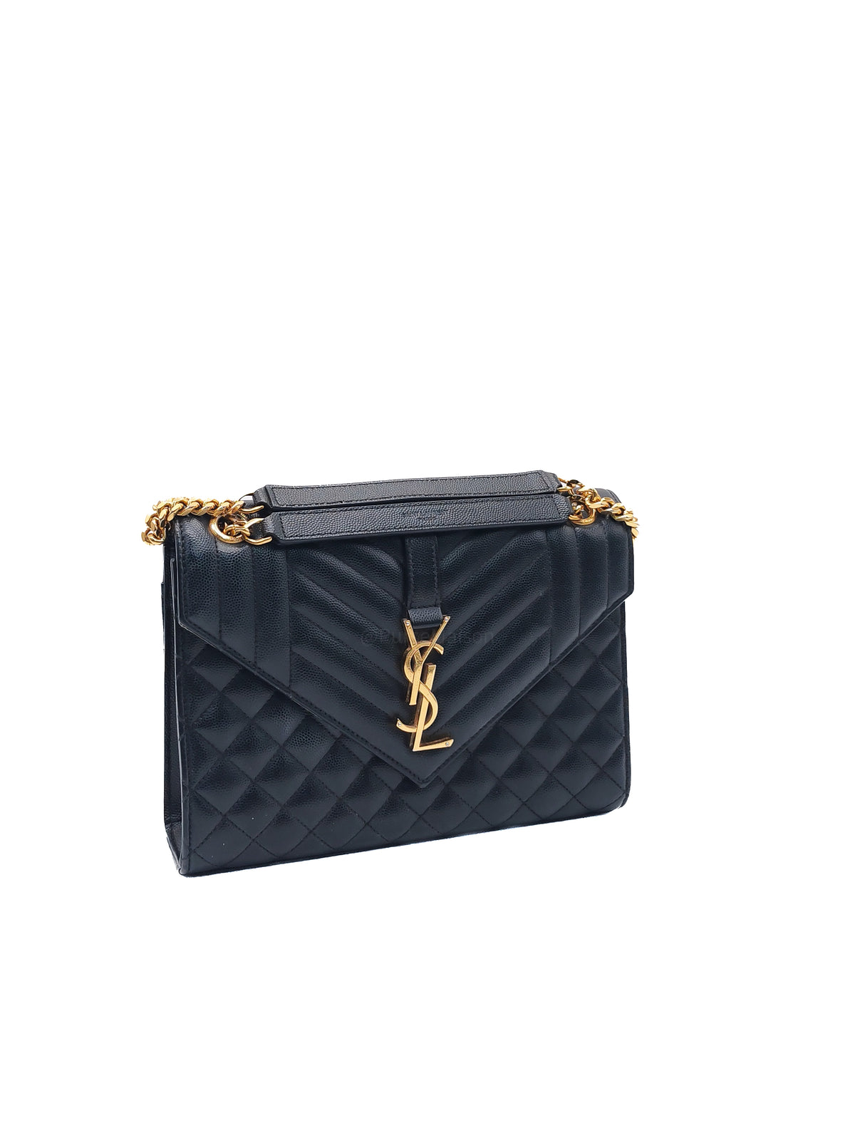 Yves Saint Laurent Envelope Medium Bag in Black Quilted Grain de Poudre Embossed Leather and Gold Hardware | Purse Maison Luxury Bags Shop