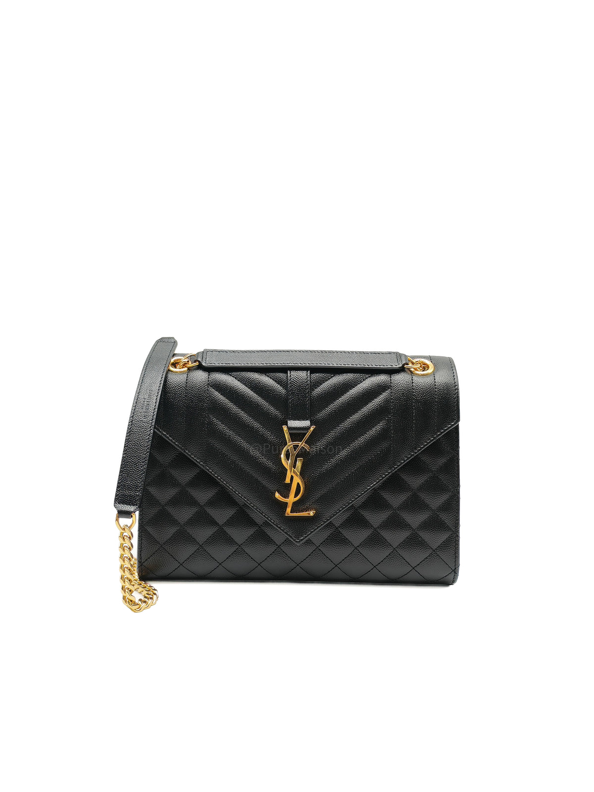 Yves Saint Laurent Envelope Shoulder Bag Medium in Black Quilted Grained de Poudre Embossed Leather and Gold Hardware | Purse Maison Luxury Bags Shop