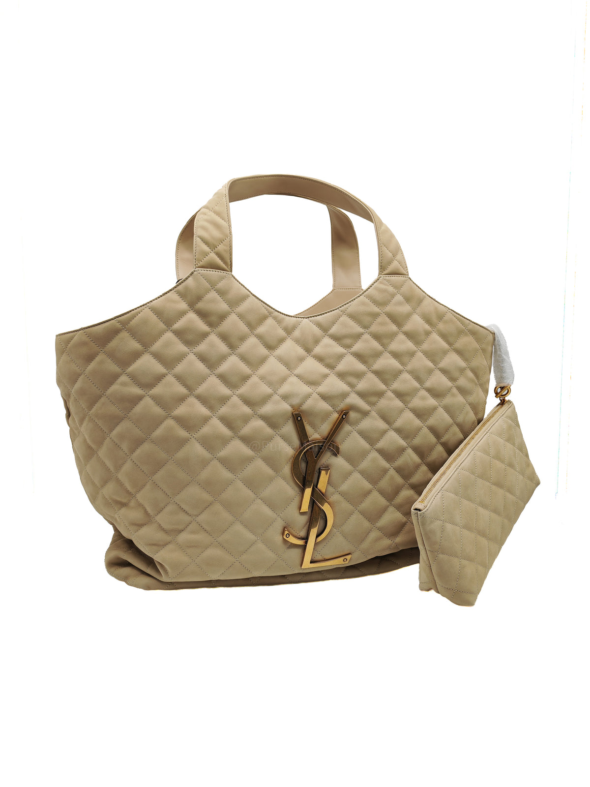Yves Saint Laurent Icare Maxi Shopping Bag in Beige Suede Leather with Bronze Tone Hardware | Purse Maison Luxury Bags Shop