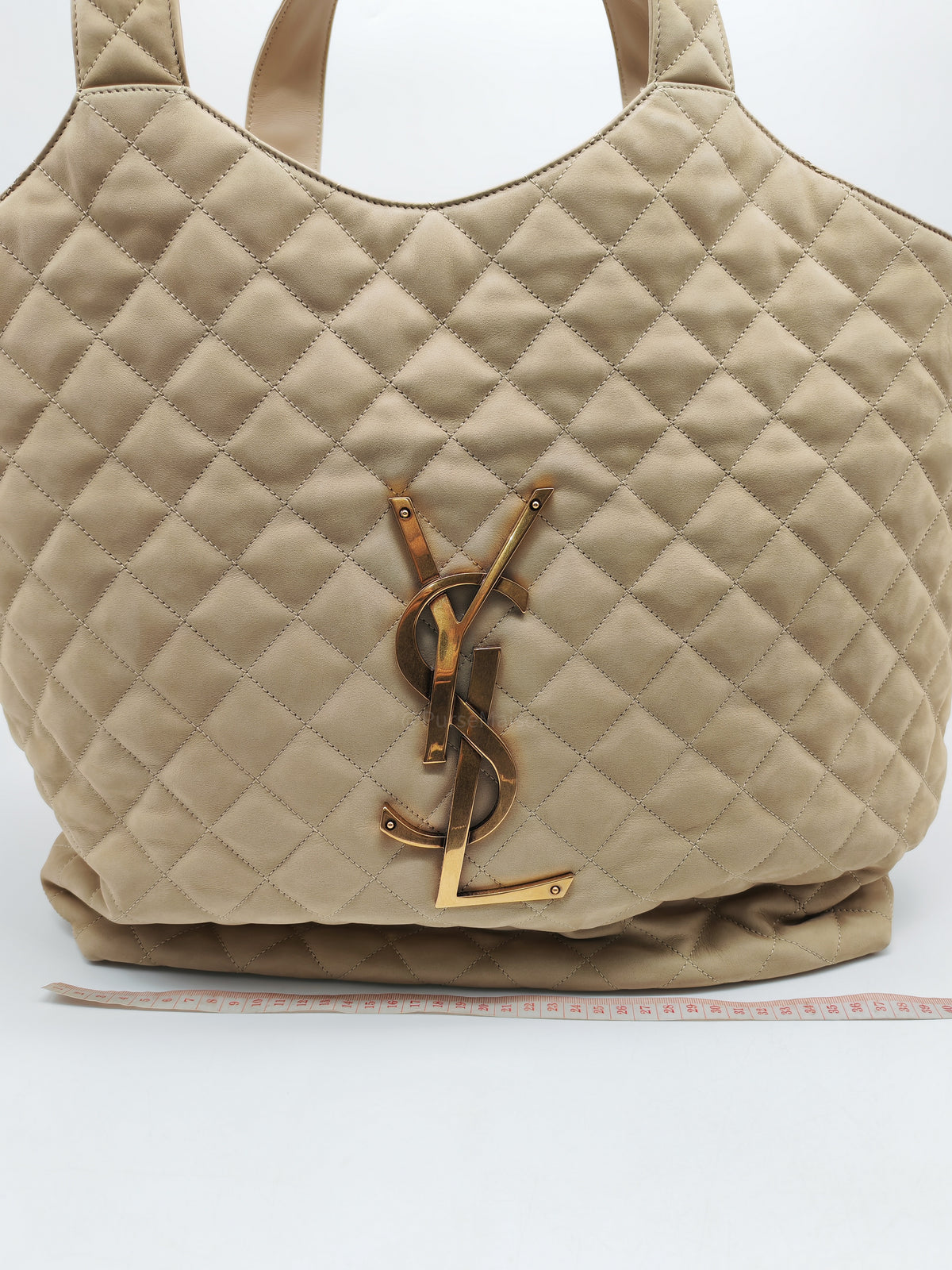 Yves Saint Laurent Icare Maxi Shopping Bag in Beige Suede Leather with Bronze Tone Hardware | Purse Maison Luxury Bags Shop
