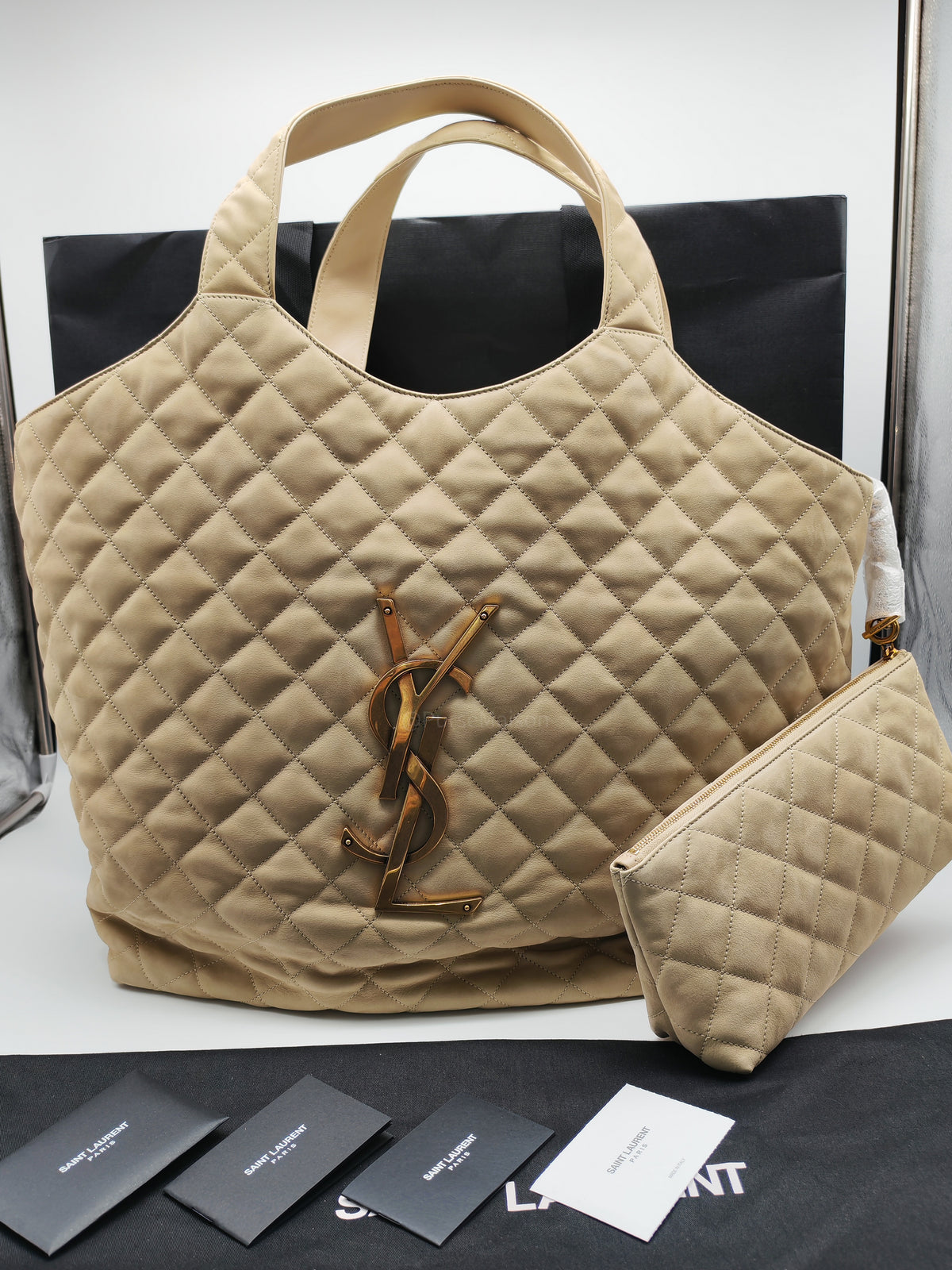 Yves Saint Laurent Icare Maxi Shopping Bag in Beige Suede Leather with Bronze Tone Hardware | Purse Maison Luxury Bags Shop
