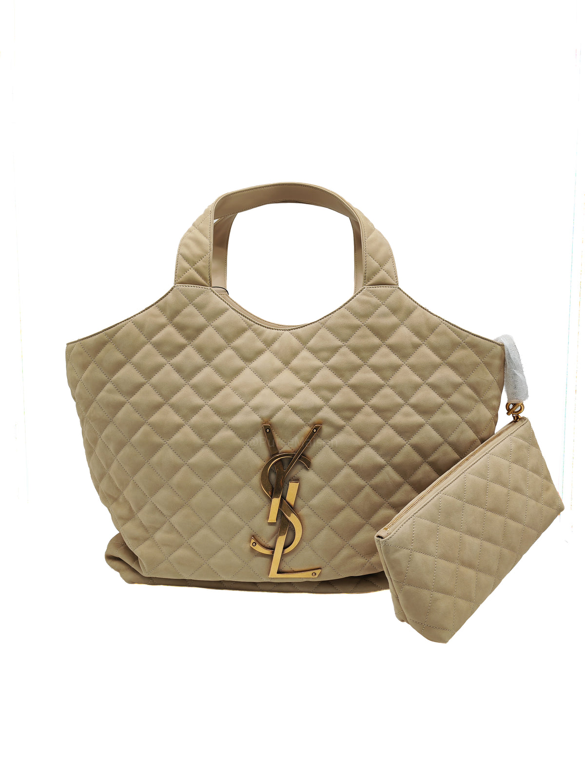 Yves Saint Laurent Icare Maxi Shopping Bag in Beige Suede Leather with Bronze Tone Hardware | Purse Maison Luxury Bags Shop