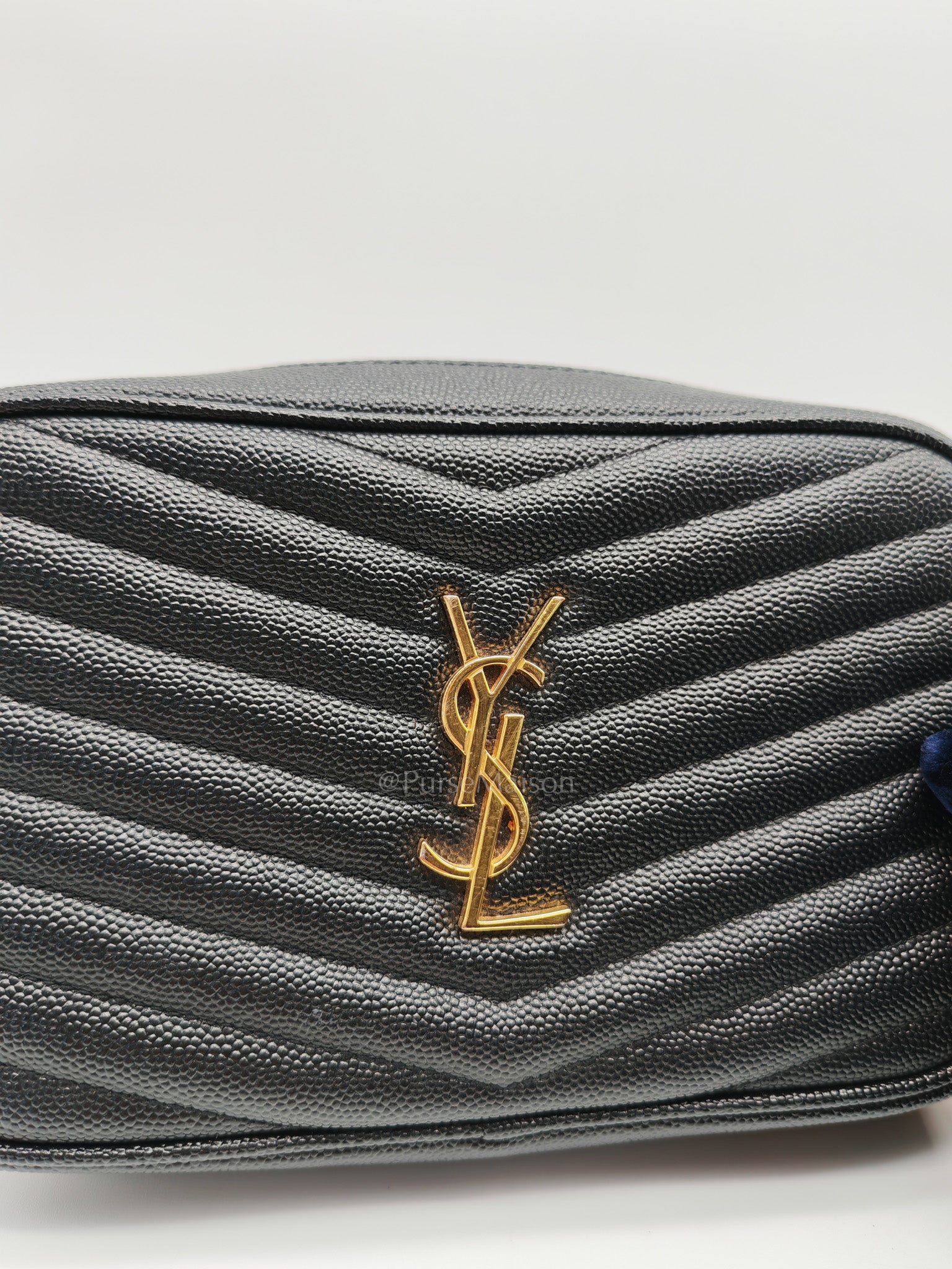Lou Camera Bag Mini in Black Chevron Quilted Shiny Grained Calfskin Leather and Gold Hardware | Purse Maison Luxury Bags Shop