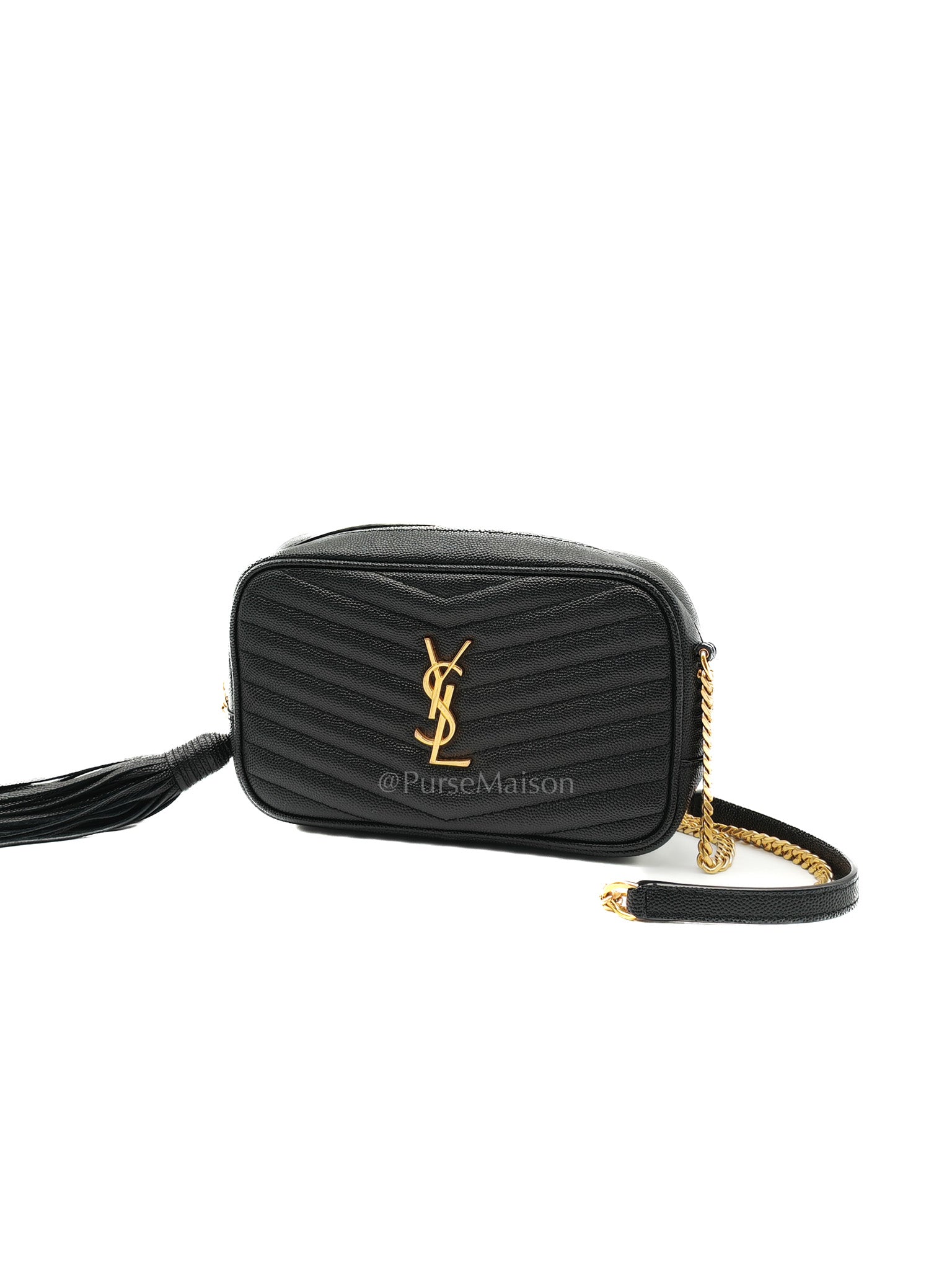 Lou Camera Bag Mini in Black Chevron Quilted Shiny Grained Calfskin Leather and Gold Hardware | Purse Maison Luxury Bags Shop