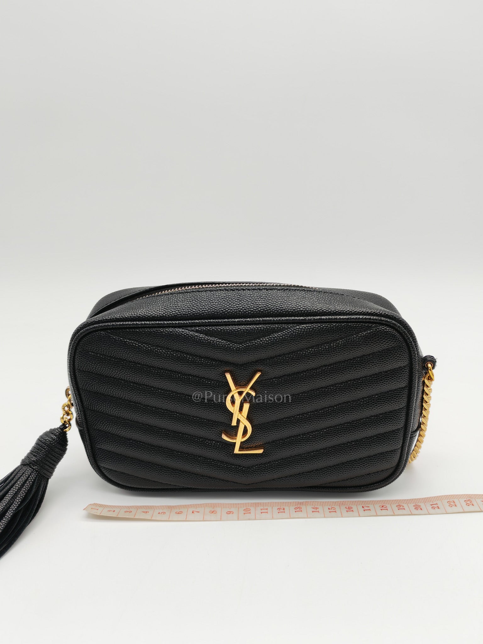 Lou Camera Bag Mini in Black Chevron Quilted Shiny Grained Calfskin Leather and Gold Hardware | Purse Maison Luxury Bags Shop
