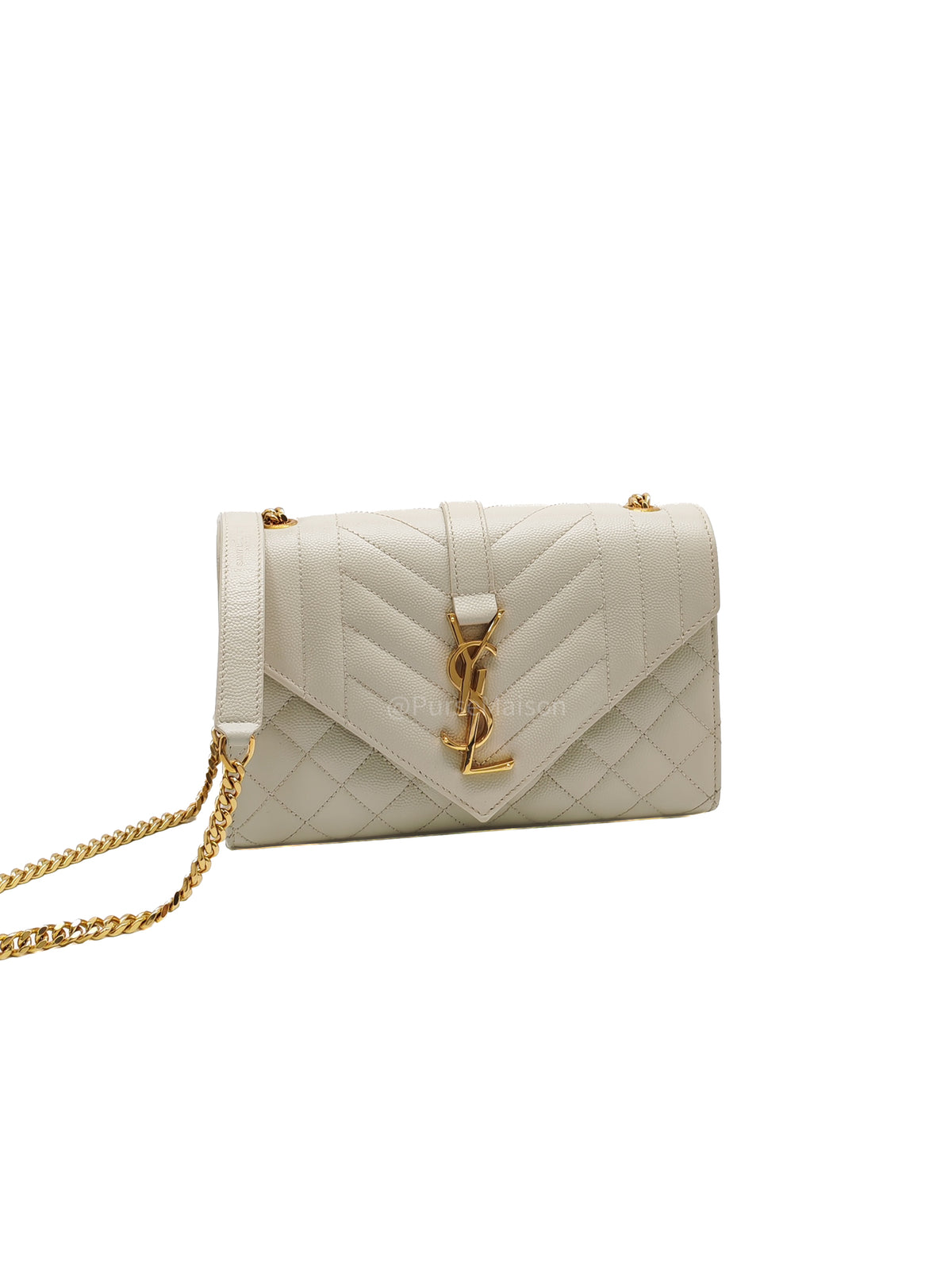 Yves Saint Laurent Monogram Envelope Bag Small in Off White Grain de Poudre Embossed Leather and Gold Hardware | Purse Maison Luxury Bags Shop